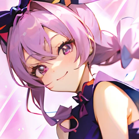 Anime girl with light purple hair and light purple eyes wearing a pink bow, saori, shirabii, [[[[grinning evily]]]], Also, anime best girl, joy gaze, nightcore, Sly smile, Anime moe art style, hololive, anime visual of a cute girl, shikamimi, rei hiroe