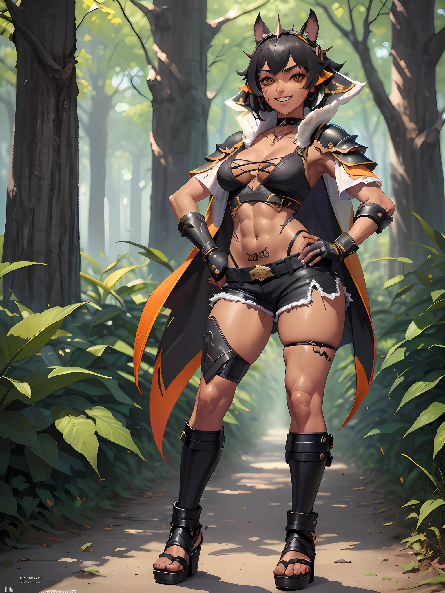 (Masterpiece, best quality:1.2), (highres, ultra-detailed), (absurdres, perfect anatomy), 1girl, solo, , anihh, slit pupils, dark-skinned female, black hair, orange colored inner hair, scar, fangs, black choker, hands on hips, outdoors, open vest, black loose t-shirt, black shorts, fingerless gloves, muscular, (covered (navel:0.5)) , full body flipflops,(icone de um jogo), (icone de peitoral : 1.5), um peitoral , peitoral marrom, chest plate, peitoral pesada marrom, peitoral grosso, peitoral de Armadura intrincada, peitoral de armadura de fantasia pesada, peitoral detalhado, armadura ornamentada, peitoral de Armadura Paladina, peitoral dearmadura de batalha, intrincada peitoral, smile, full body