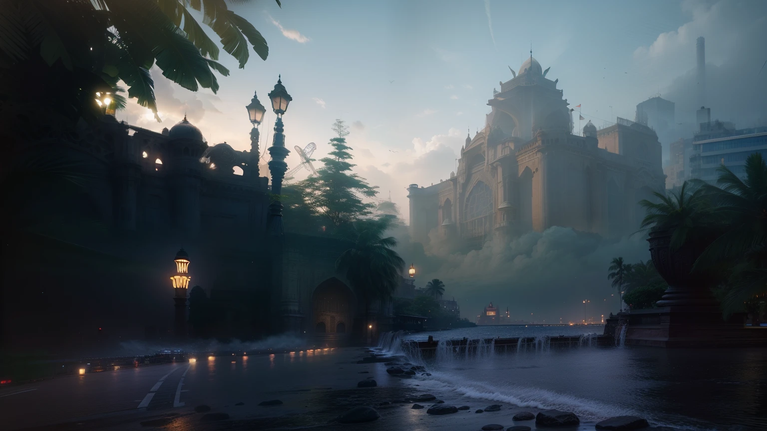 Front of a plain platform like the game lobby and background Mumbai City, Monuments in Mumbai, Gateway of India, taj hotel Mumbai, Cinematic View, Cinematic Foug and Cloud, Landscape Mode,