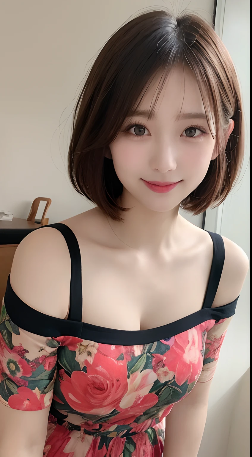 masutepiece, Best Quality, Illustration, Ultra-detailed, finely detail, hight resolution, 8K Wallpaper, Perfect dynamic composition, Beautiful detailed eyes, Women's Fashion Summer,Short bob hair,mid-chest, Natural Color Lip, Bold sexy poses,Smile,Harajuku、20 years girl、Cute、Sexy shot looking at camera