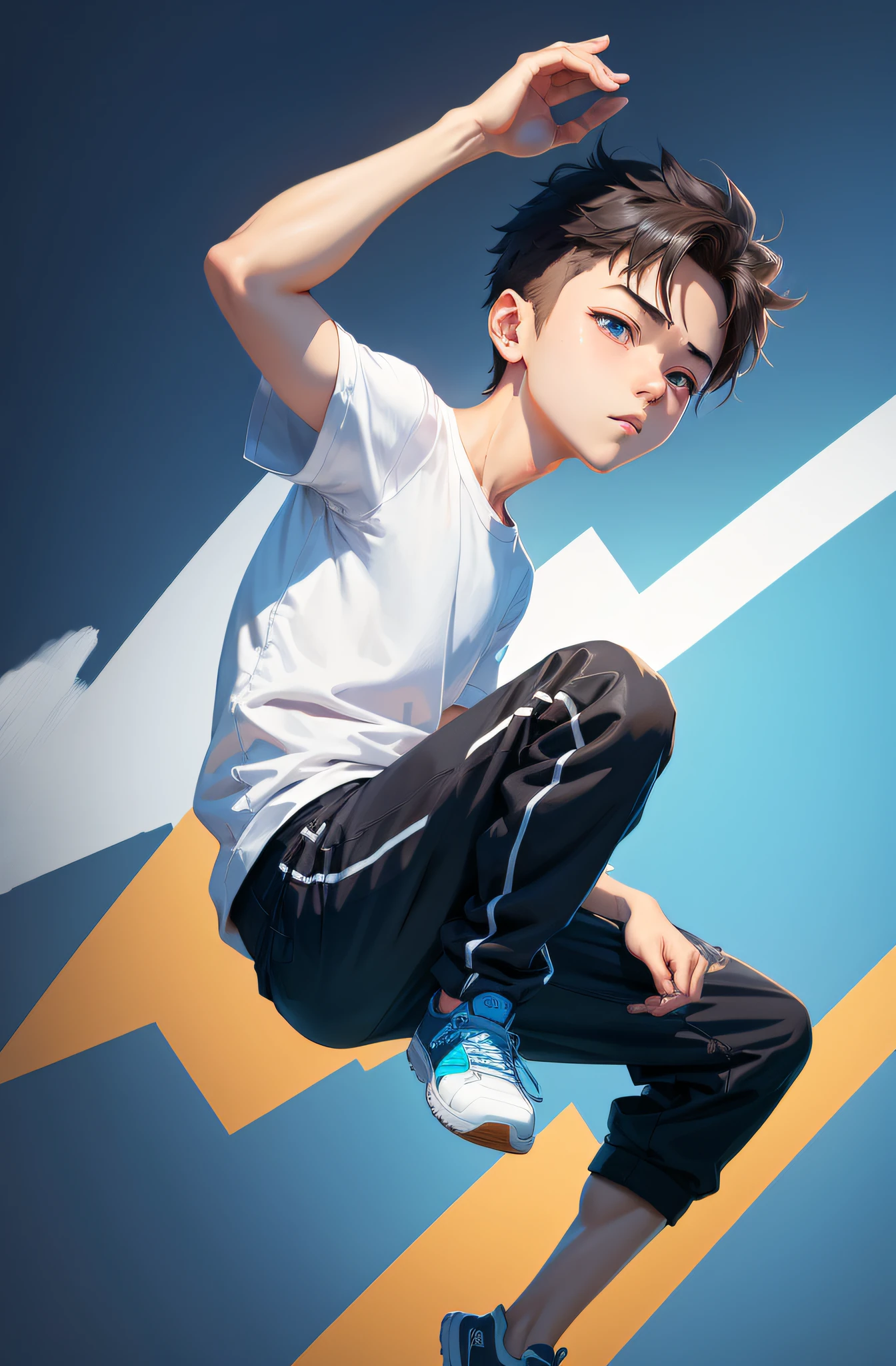 Boy in white shirt doing tricks on skateboard, Guviz-style artwork, Handsome anime pose, Anime boy, cyril rolando and goro fujita, inspired by Yanjun Cheng, Ross Tran style, Digital anime illustration, anime styled digital art, Makoto Shinkai Cyril Rolando, Anime style. 8K