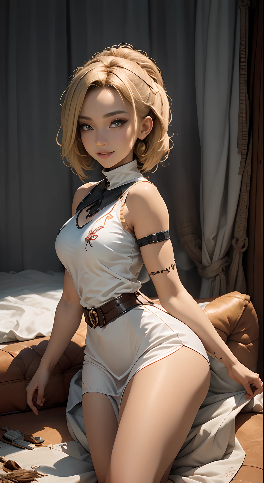 primitive, tmasterpiece, ultra fine photos,, top-quality, 超A high resolution, Photorealsitic, blackcutoffs, rays of moonlight, Full body portrait, stunningly beautiful,, dynamicposes, delicated face, Vibrant eyes, (from side view), She wears a futuristic Batman costume, Skinny matte black leather, turtleneck top, cropped shoulders, sitting on a leather sofa, highly detailed back ground, A detailed face, detailed tidy background, a gorgeous, milkyW, High detail skin, Realistic details of skin、Visible Pore、foco nítido、volume fog、8K  UHD、Digital SLR、high high quality、Film grains、White skin of the、Foto realism、DL、Futuristic utopian city，As shown in the following figure、Transparent dress set、Short dress、Large room:1.3, white blonde, short detailed hair, eye shadows,A  girl, Luxury lounge, sexual teasing, A confused smile，1girll，view the viewer，Simple background ，Solo
