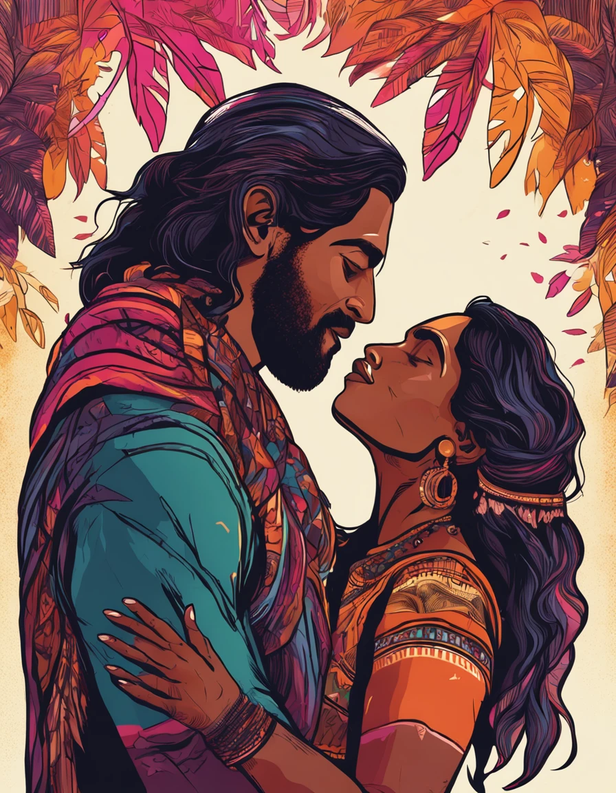 Black long-haired Indian woman and blonde white man hugging and kissing,The background is colored wind and colorful woods,upperbody closeup