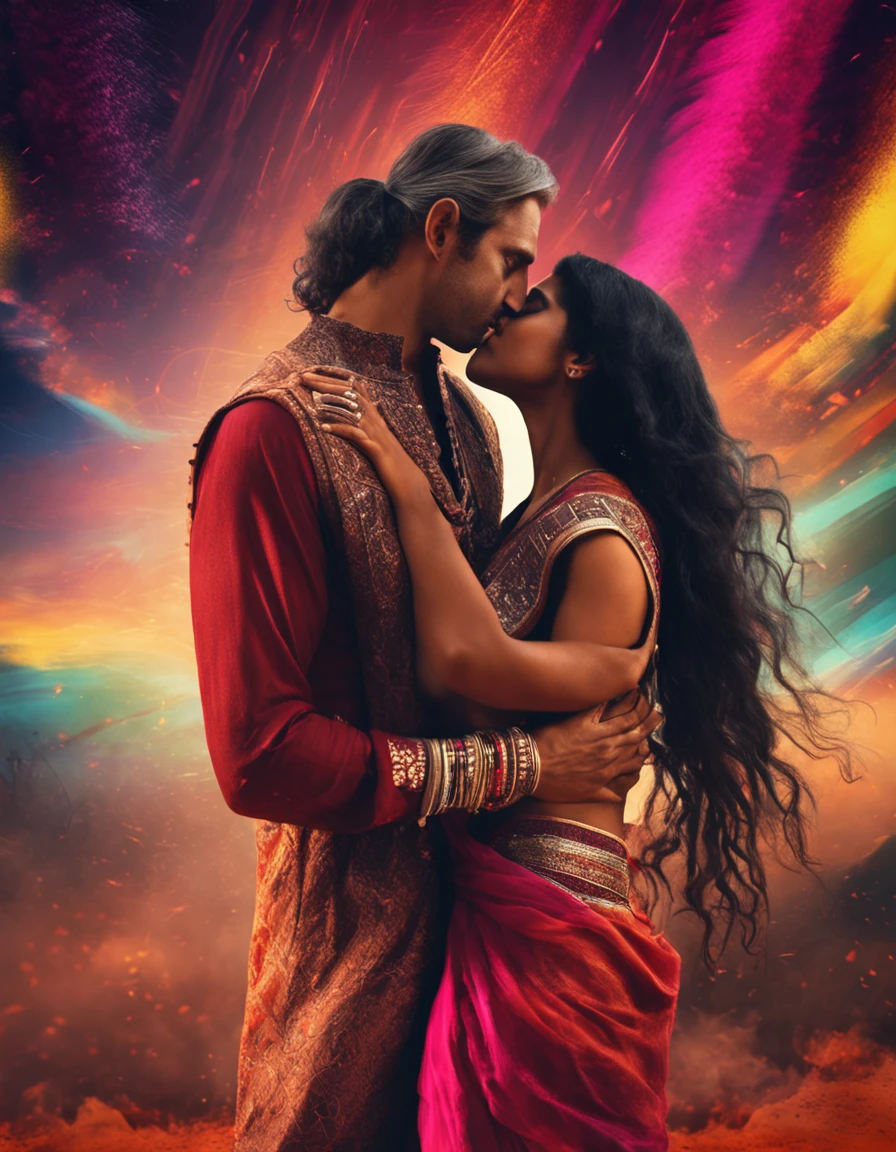 Black long-haired Indian woman and blonde white man hugging and kissing,The background is colored wind and colorful woods,upperbody closeup