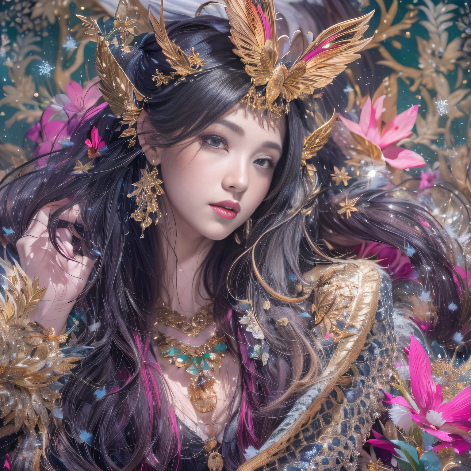 32K(tmasterpiece,k hd,hyper HD,32K)Purple-pink flowing hair,Gold jewelry area in the back room,King Girl ,Green Bronze Dragon Protector (realisticlying:1.4),Python pattern robe,Purple-pink tiara,Snowflakes fluttering,The background is pure,Hold your head high,Be proud,The nostrils look at people, A high resolution, the detail, RAW photogr, Sharp Re, Nikon D850 Film Stock Photo by Jefferies Lee 4 Kodak Portra 400 Camera F1.6 shots, Rich colors, ultra-realistic vivid textures, Dramatic lighting, Unreal Engine Art Station Trend, cinestir 800,Hold your head high,Be proud,The nostrils look at people,Tsundere,Snowflakes fluttering,Snowflakes fluttering,Snowflakes fluttering,Snowflakes fluttering,Impeccable,Exaggerated and unfounded feelings about one's own importance and talents (pompous). Focus on unlimited butterfly fantasies, influencer, power, information, Beauty, Or perfect love. Attributed to the special and unique,Only the highest quality people should be associated