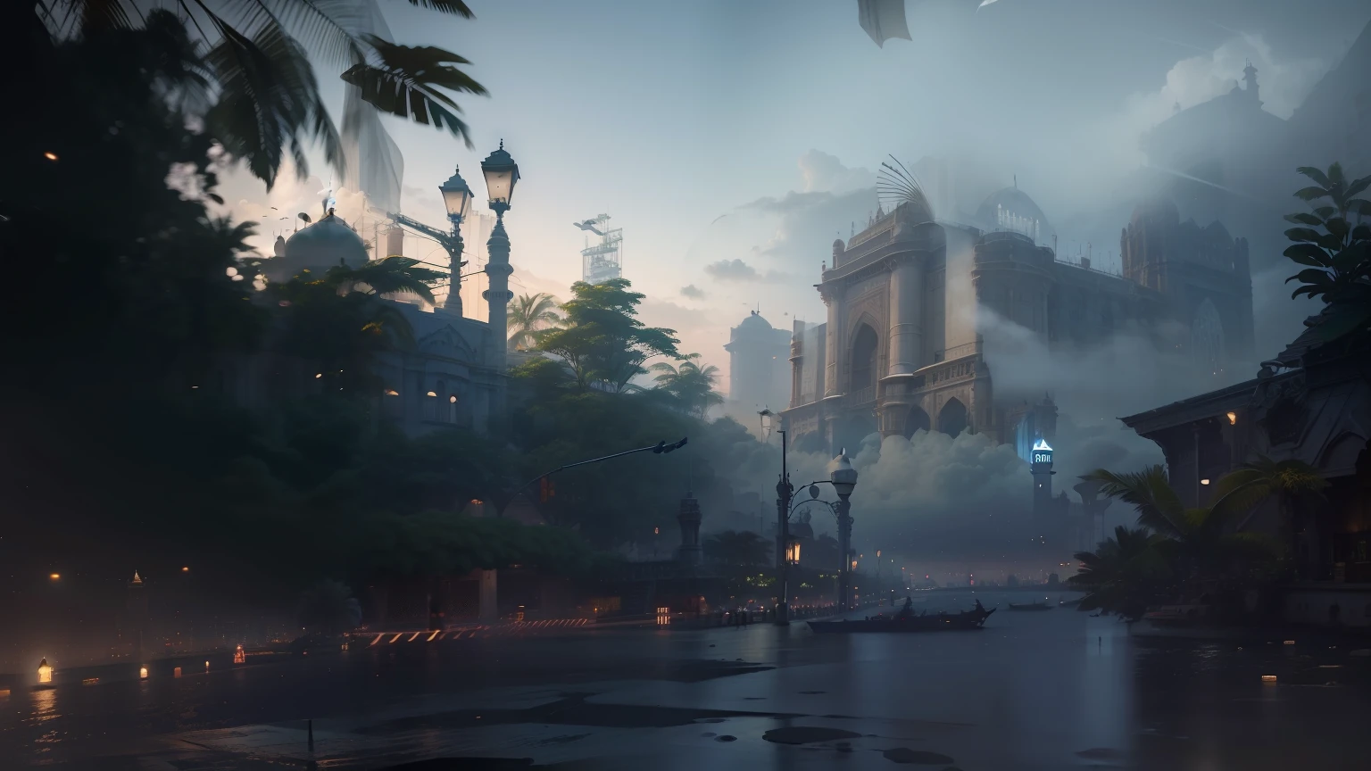 Front of a plain platform like the game lobby and background Mumbai City, Monuments in Mumbai, Gateway of India, taj hotel Mumbai, Cinematic View, Cinematic Foug and Cloud, Landscape Mode,
