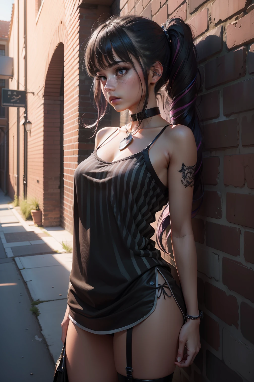 Masterpiece, Best quality,Moyou,Realistic,(photograph realistic,realisticlying,darkly,Clear focus,8K),
(NFSW:1.2),(Best quality, Masterpiece) high resolution, Extremely detailed, Detailed background, Cinematic lighting, illustration, 1girll, intricatedesign, Solo, Striped hair, choker necklace, thigh band, tattoo, Vibrant colors, urban, neonlight, brick walls, concrete, Casual, Dynamic pose, looks away, Head down, Striped shirt, Low Twin Tails, One eye is visible through the hair, rays of black light,