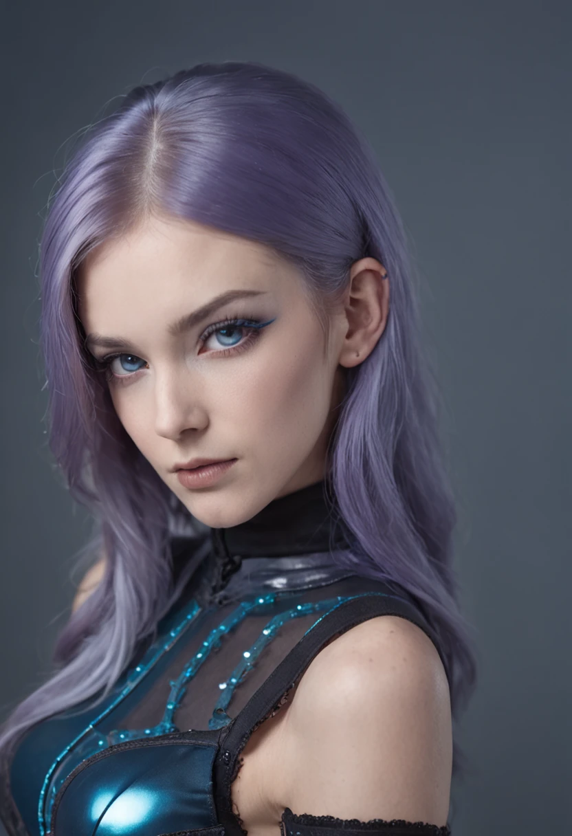 RAW photo, half length portrait of an english woman with a blue choker, futuristic woman portrait, picture of beautiful sci - fi girl, portrait of a sci - fi woman, portrait of female humanoid, fashionable futuristic woman, wearing a mesh dress, soft full portrait shot 8 k, azure. detailed hair, wearing steel collar, portrait of a female hero, (long dark purple hair), dark gothic make up, pale silver lipstick, long hair, crystal pendant
