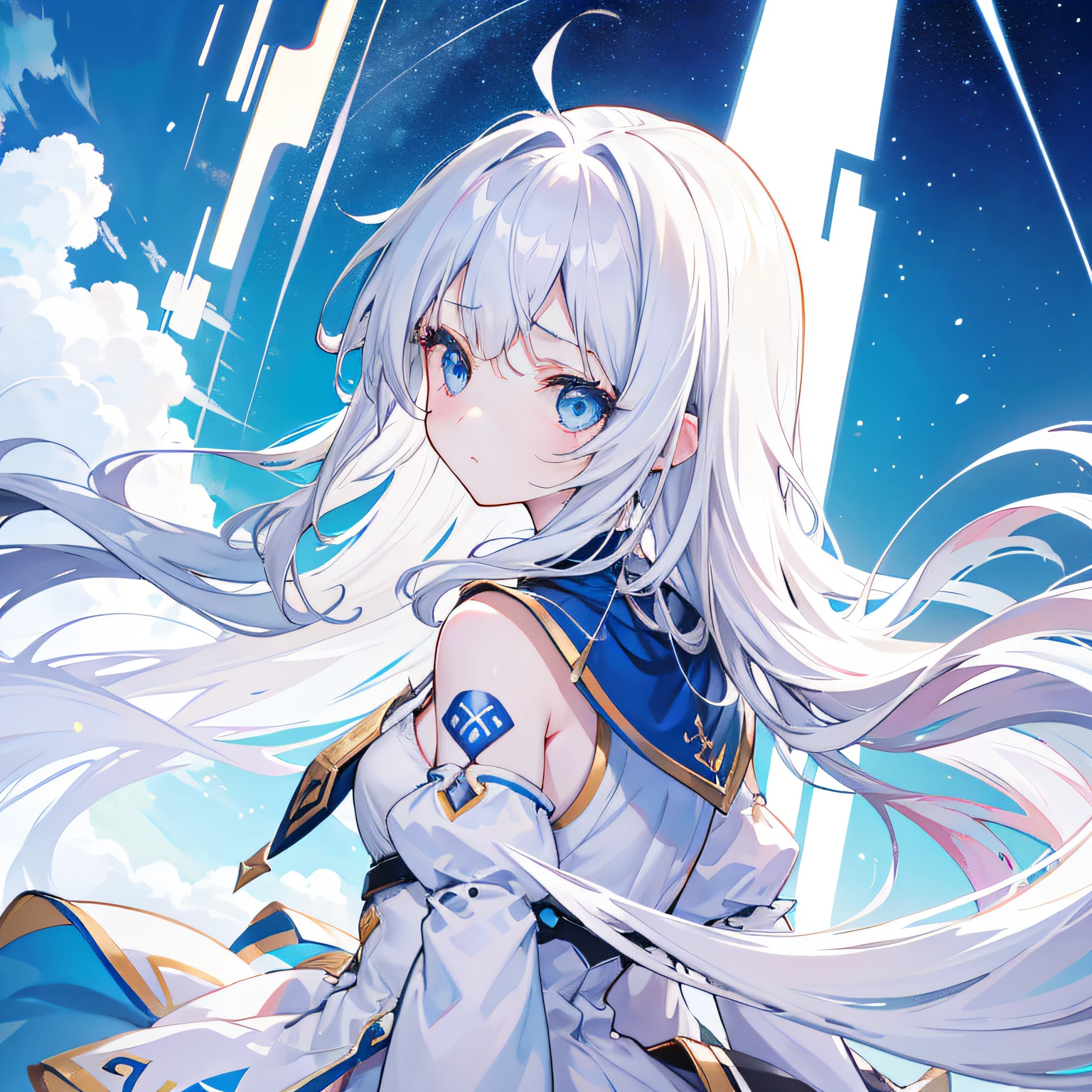 Extreme graphics,whaite hair,long whitr hair,teens girl,the sideview,Blue eyes,Flushed cheeks,is shy,Under the blue sky,Artistic picture,Facing the distance,Affectionate look,Bust,starrysky,White dress,Poor milk,Chestless clothing,Face to the left,Raised sexy,Tsundere