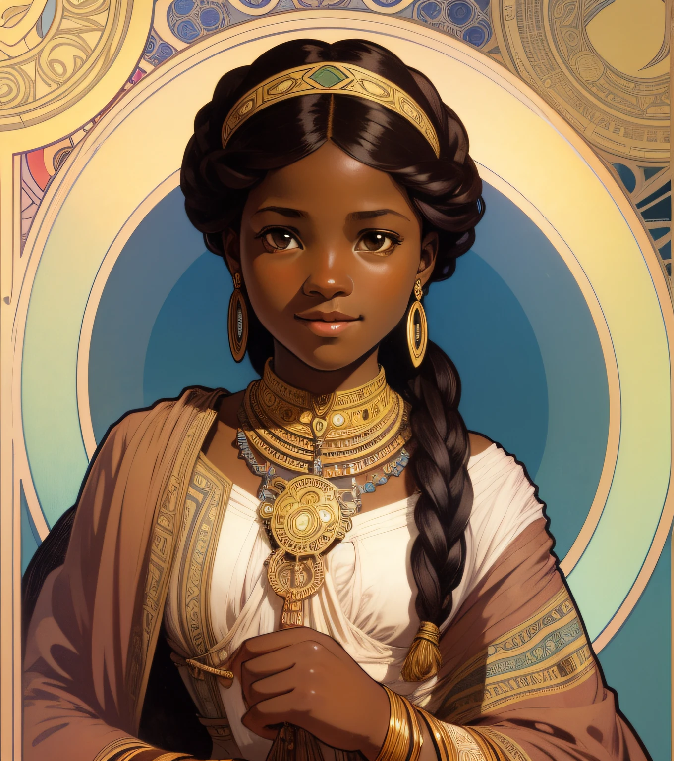 a young african girl,cute,alphonse mucha style
