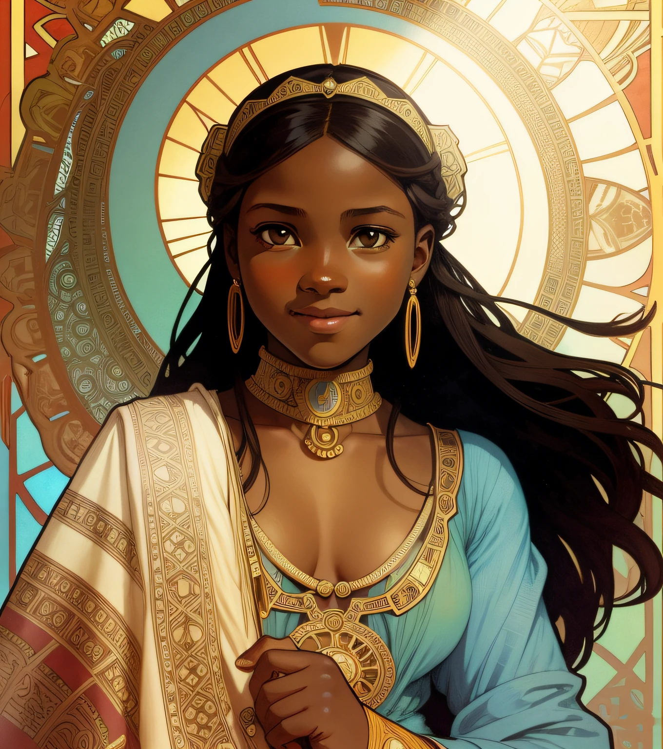 a young african girl,cute,alphonse mucha style