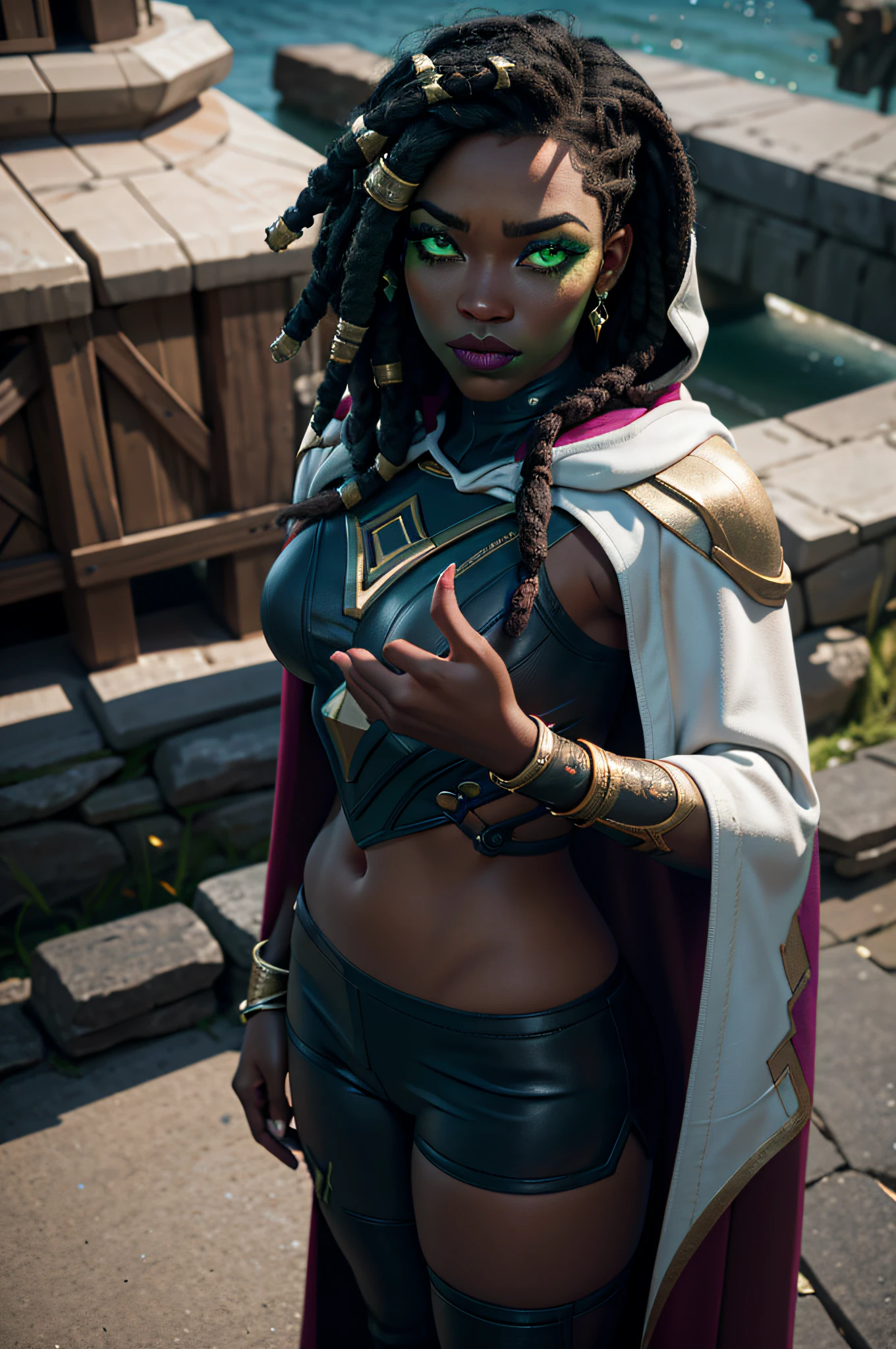 photography, ultra realistic, 1girl, green eyes, dreadlocks, hooded cape, eyeshadow, eyelashes, eyeliner, ultra glossy lipstick, (pouty lips:1.2), makeup, freckles, blush, (skindentation), sexy pose, full body shot, barefoot, detailed clothes, beautifully detailed woman, extremely detailed eyes and face, beautiful detailed eyes, on a boat background, (bokeh, UHD, HDR, highres, ultra detailed, intricate details, textural effects, absurdres, masterpiece, 8k:1.2),