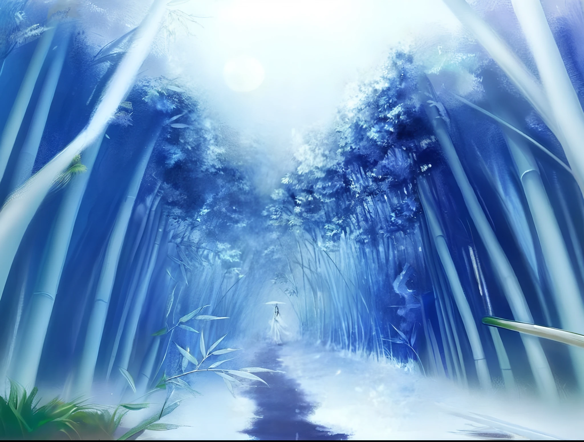 a drawing，A woman in white walking on a path in a bamboo forest, Blue bamboo forest,