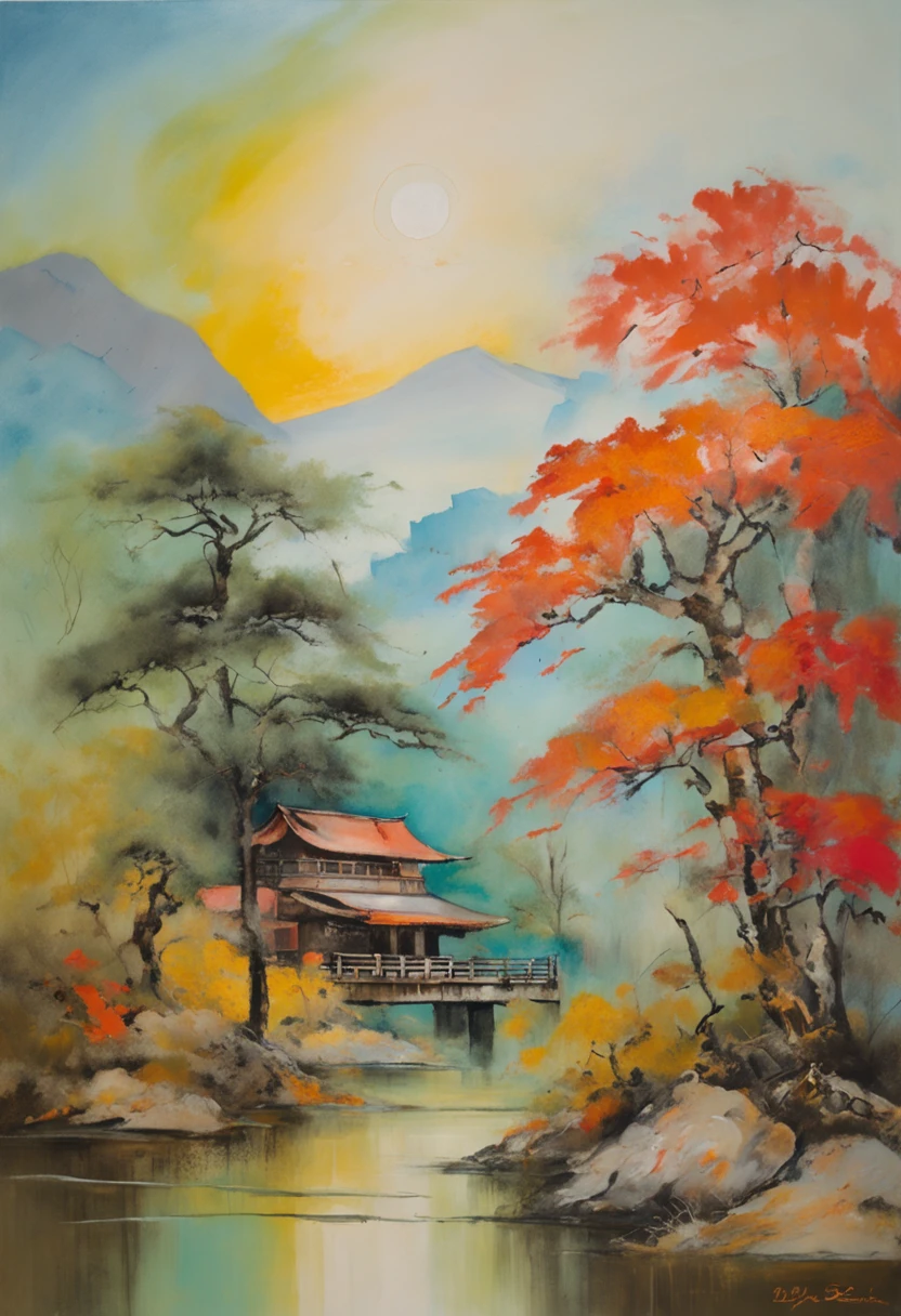 Picture of a chalet with a bridge on the hill, inspired by Shūbun Tenshō, inspired by Watanabe Shōtei, inspired by Makuzu Kōzan, inspired by Hishida Shunsō, Chinese landscape, inspired by Katsushika Ōi, inspired by Katsukawa Shunchō