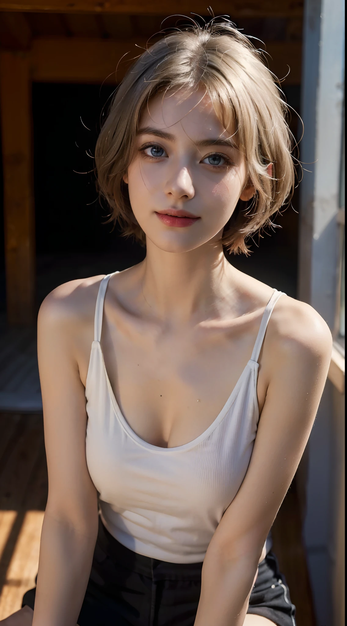 ((((masterpiece, best quality, high resolution)))), Extremely detailed 8K, Beautiful girl with voluptuous body, (Ultra HD, Ultra-detailed, Highly detailed, Highly realistic, Ultra-realistic, photograph realistic), (1girl:1.5), (Realistic white hair), short wavy hair, bob cut, (dynamic poses), facing at camera, light smile, parted lips, purple eyes, average breasts, (beautiful detailed face, beautiful detailed eyes), thin white tank top, black shorts, glow, sweat, (sunbeam, sunlight)