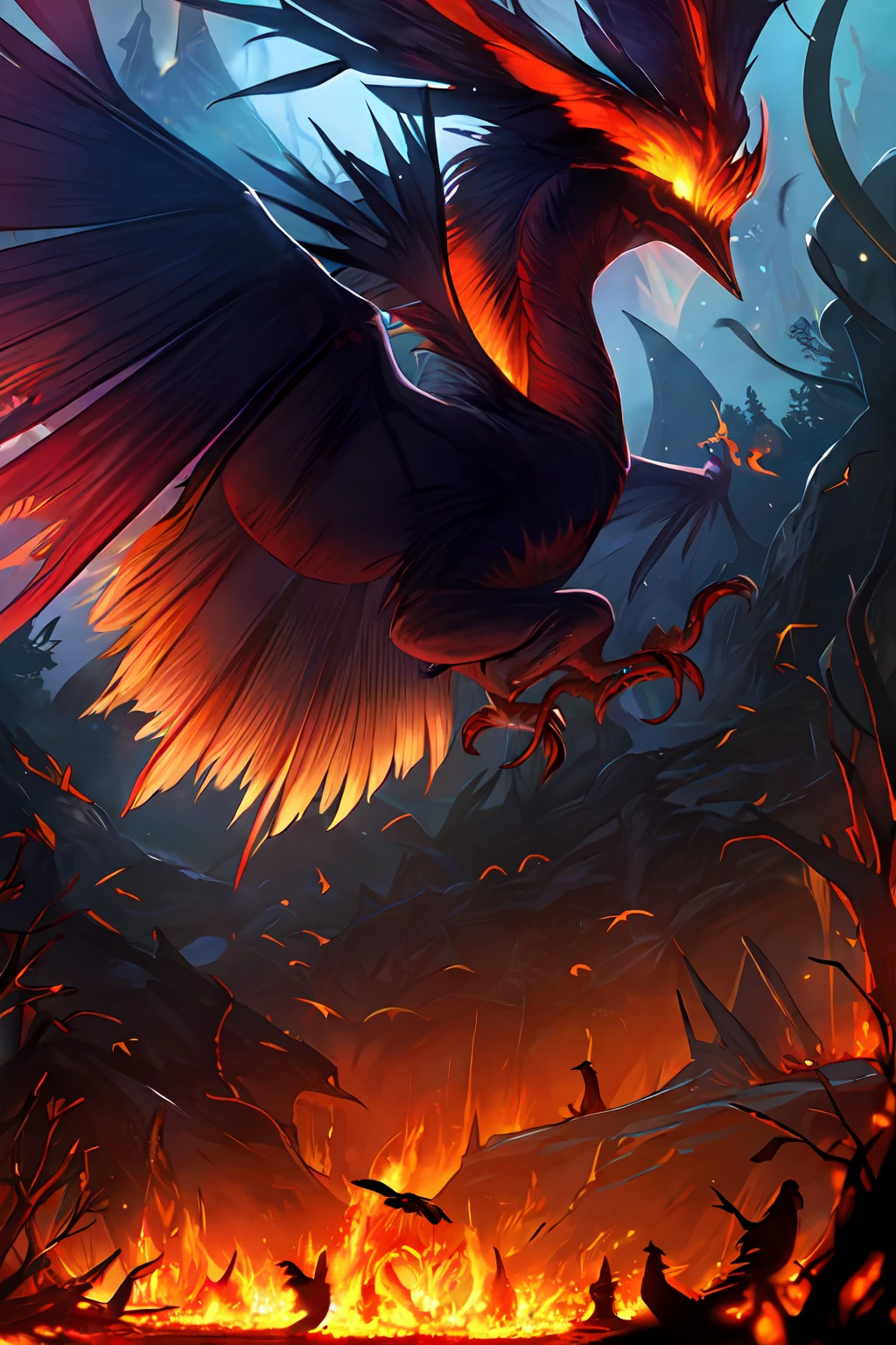 Cthulhu,Monster,Fish,tentaculata，Dark forest，Recife，Small rivers，(Flocks of crows:1.25)，(Thick black smoke:.125),(Flaming Firebird:1.25)