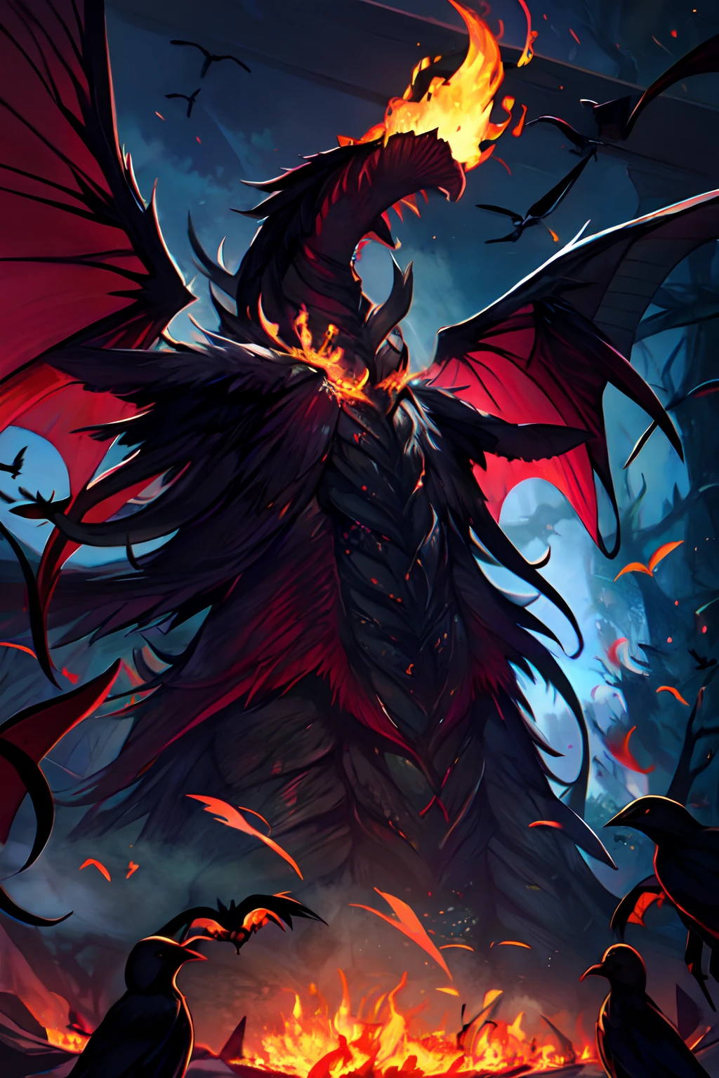 Cthulhu,Monster,Fish,tentaculata，Dark forest，Recife，Small rivers，(Flocks of crows:1.25)，(Thick black smoke:.125),(Flaming Firebird:1.25)