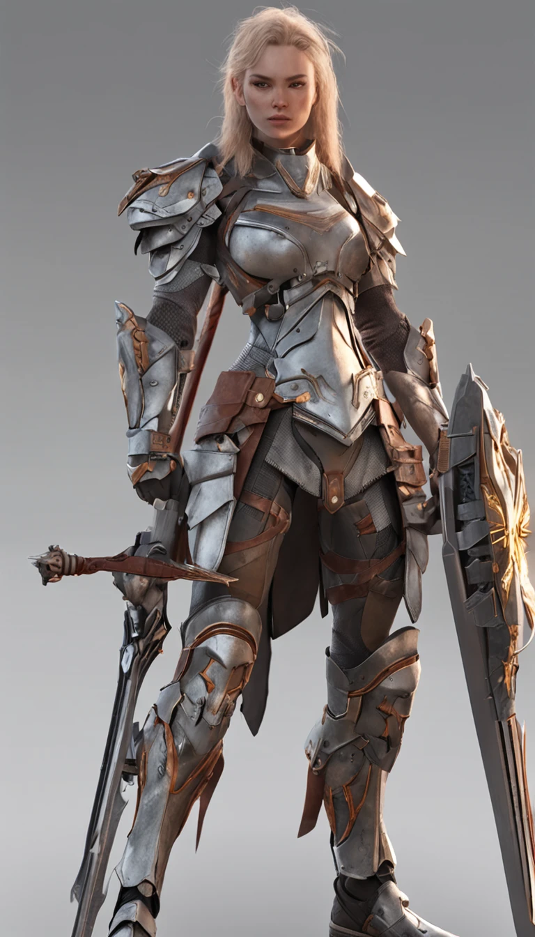 Game standing drawing,Plate armor heavy fighter,Stand with a sword,femele,The ponytail is fluttery and messy,Heroic,Full body like,The face is clear and accurate,detail in face,super-fine,16K resolution,high qulity,电影灯光,High picture detail,dynamic viewing angle,Detailed pubic hair,Epic shooting,oc rendered