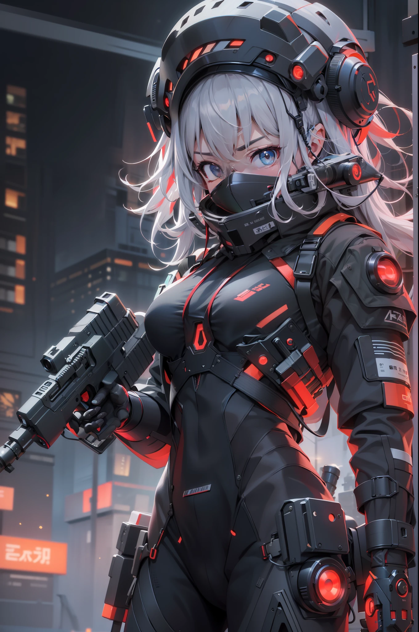 Muscle Special Forces Girl，eyes glowing,  Wearing black special forces equipment, Gun in hand, full bodyesbian, Shoot at knee level, Cyberpunk, neonlight, Futuristic, surrealist, Red，。.。.3D, Redshift, Maxon Cinema 4D, Quaixel Megascan rendering, Doomsday colors, Red light, Futuristic, 1/3, High detail, Ultra high quality, illusory engine, 8K,