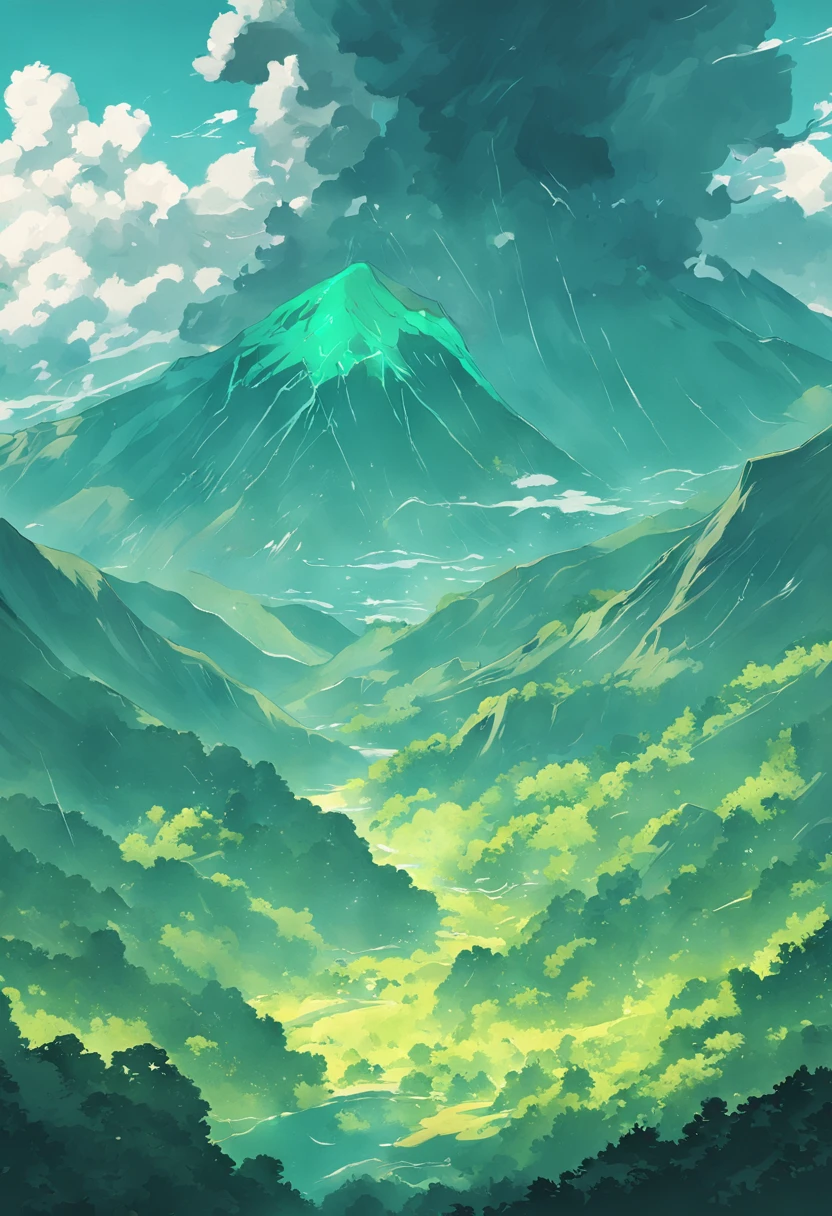 Cyan Mountains, Green Pine, Emerald-like color scheme, Overlay clouds