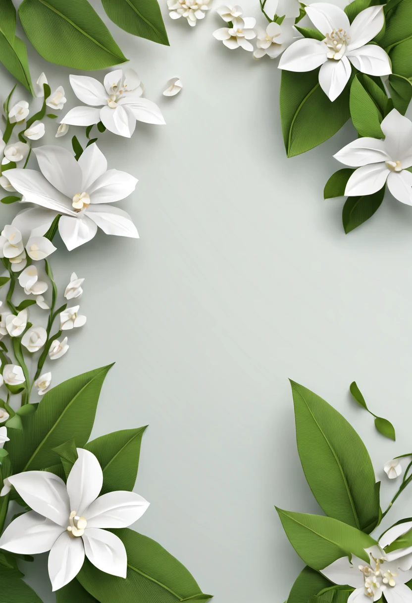 White jasmine,Draw a white flower,Green leaves and flower branches, Cheng Jiasui 3D rendering, Tumblr, romanticism lain, background natural flower, made of flowers and leaves, paper quilling, background-image, Flower background, Flowers in the background, Flower frame, Jasmine themed banner, iPhone background, botanical background, background artwork, paper art, high quality paper,Unreal Engine 5, Cinematic, low angle photography, Motion blur, Depth of field,Hyper-detailed, insanely details, Intricate details, editorial photography, shot with a 50mm lens, Depth of field, Tilt Blur, Shutter speed 1/1000, f/22. Lightmaps, Super bright