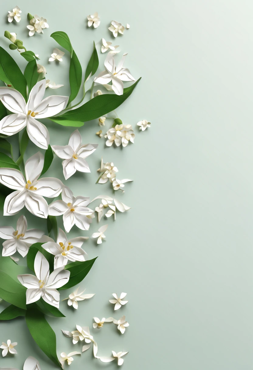 White jasmine,Draw a white flower,Green leaves and flower branches, Cheng Jiasui 3D rendering, Tumblr, romanticism lain, background natural flower, made of flowers and leaves, paper quilling, background-image, Flower background, Flowers in the background, Flower frame, Jasmine themed banner, iPhone background, botanical background, background artwork, paper art, high quality paper,Unreal Engine 5, Cinematic, low angle photography, Motion blur, Depth of field,Hyper-detailed, insanely details, Intricate details, editorial photography, shot with a 50mm lens, Depth of field, Tilt Blur, Shutter speed 1/1000, f/22. Lightmaps, Super bright
