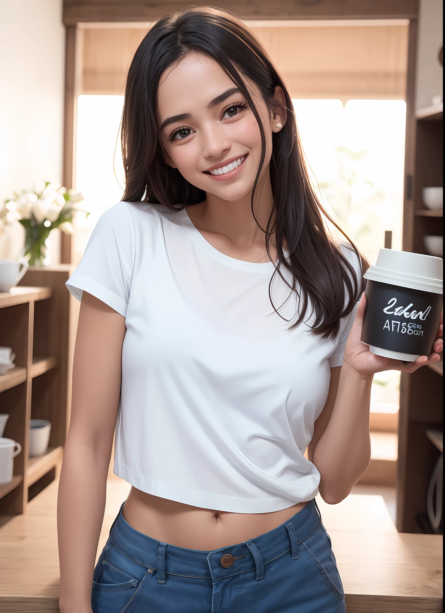 Beautiful woman Arafed holding a cup of coffee in a living room, vestido com uma camiseta branca, tampo branco, sorriso perfeito, vestido com uma camiseta branca, ela tem dentes brancos perfeitos, Pokimane, bonito e sorridente, sorriso bonito e sedutor, sorriso bonito, sorriso curto, sorriso bonito, vestido com camisa branca, usando um top bonito, fotografiarrealista, fotografia, obra-prima, realista, Realismo, renderizado, Alto contraste, Arte Digital, fotográficorealista, trend in Artstation 8k HD, high definiton, circunstanciado, Realistic, detalhada, textura da pele, hiperdetalhada, Textura realista da pele, melhor qualidade, ultra high-resolution, (fotografiarrealista: 1.4), alta resolução, detalhada, fotografia crua, sharp resolution, Nikon D850 filmes, fotografia de stock 4, Kodak Portra 400 Camera F1 Lens.6, textura hiper realista, lighting dramatic, Unrealistic trend in Artstation Cinestill 800, ...RAW. Directed by: Lee Jeffries.