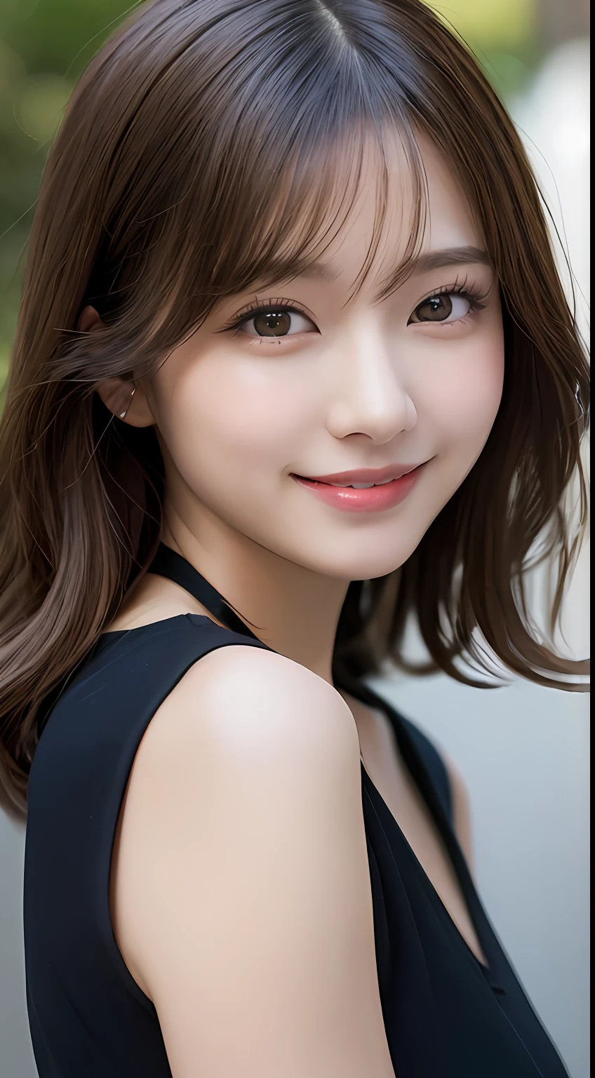 masutepiece, Best Quality, Illustration, Ultra-detailed, finely detail, hight resolution, 8K Wallpaper, Perfect dynamic composition, Beautiful detailed eyes, Women's Fashion Summer,Medium Hair,Small breasts natural color lip, Bold sexy poses,Smile,Harajuku、20 years girl、Cute、Sexy shot looking at camera