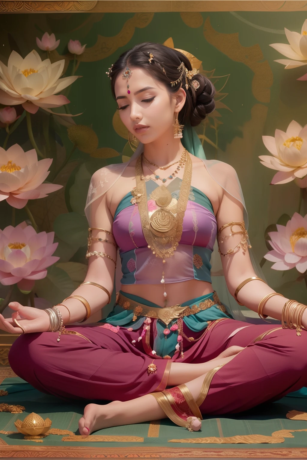 Tantric beauty doing yoga lotus sitting meditation on lotus flowers,(complete,Delicate and good-looking face)