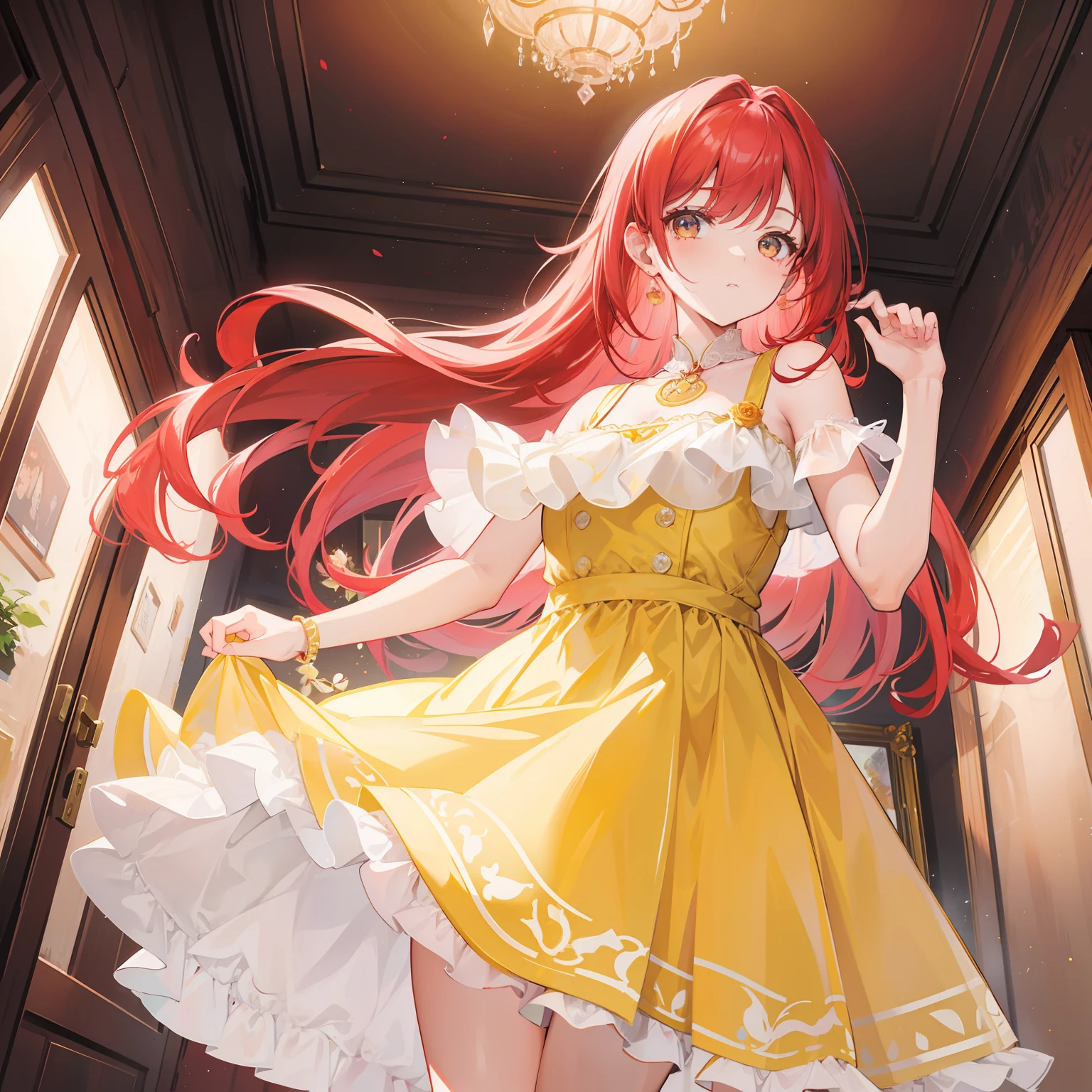 Rose red hair,Light yellow dress,Cute sweet girl Beautiful girl