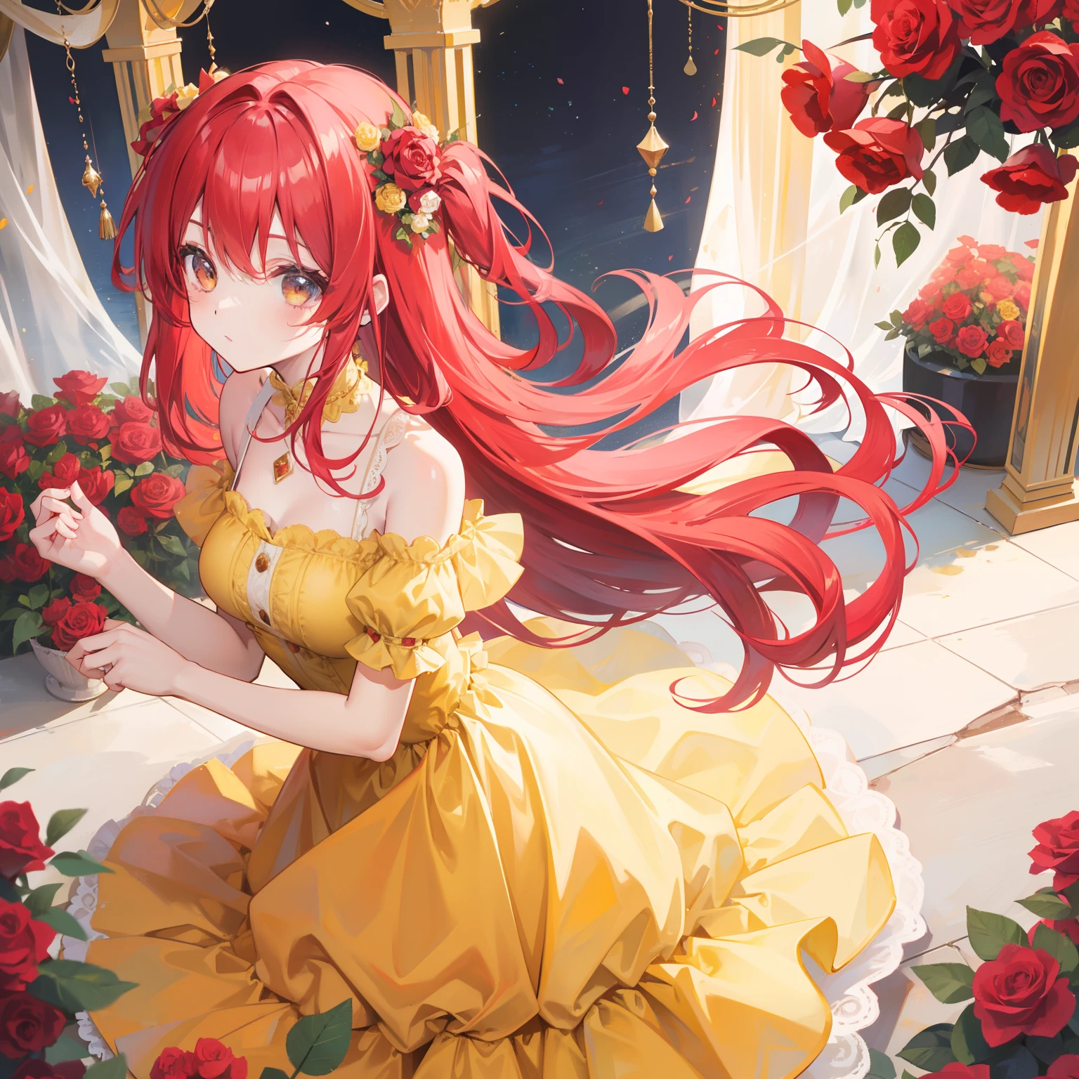 Rose red hair,Light yellow dress,Cute sweet girl Beautiful girl