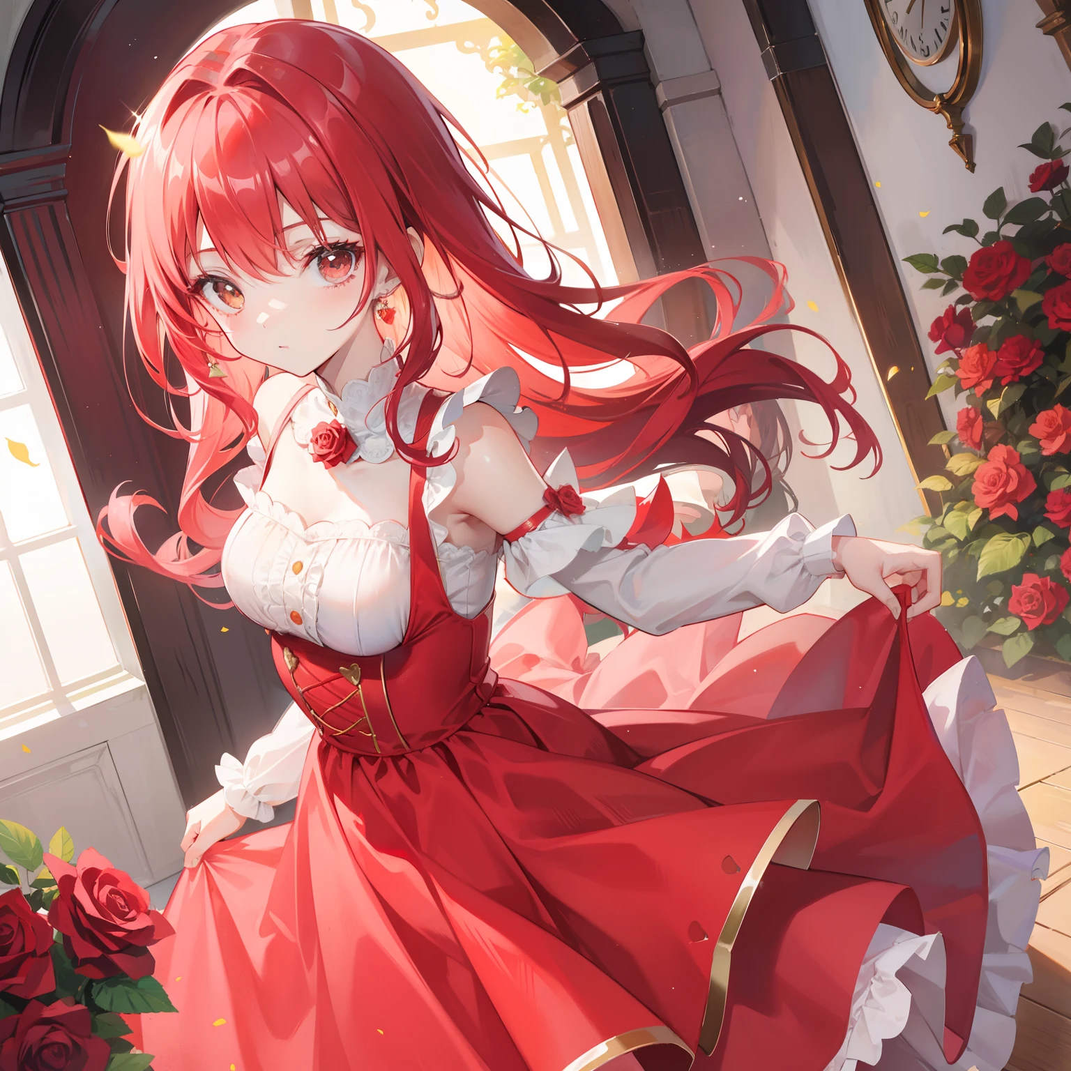 Rose red hair,Light yellow dress,Cute sweet girl Beautiful girl