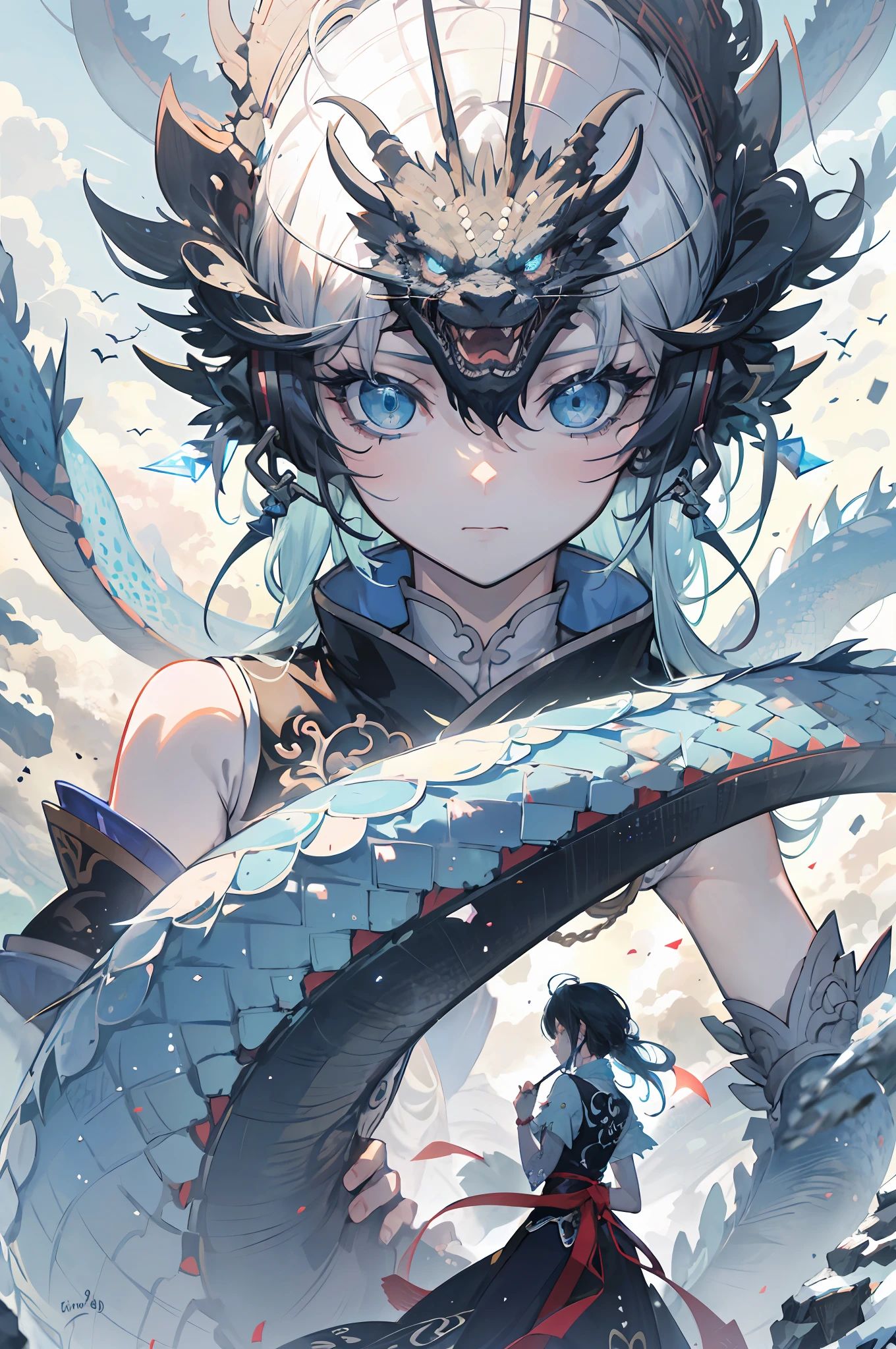 full bodyesbian,Faraway view，shushing，one-girl,Blue crystal,A blue Chinese dragon was behind her,Cinematic lighting,fanciful,hyper realistic anime,Quilted paper art,Glass art,(Best quality,Extreme detail:1.5),8K，Frozen