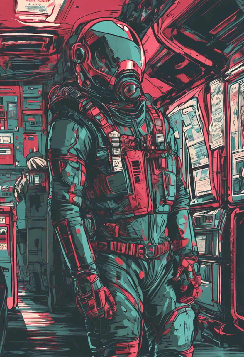 Space capsule,looki at viewer,Realiy,A man in a black skinny leather suit wearing a futuristic helmet,cowboy lens,(fish eye),Cramped and dirty room,clothes details,Japan's old red light district,((()),((natta)),