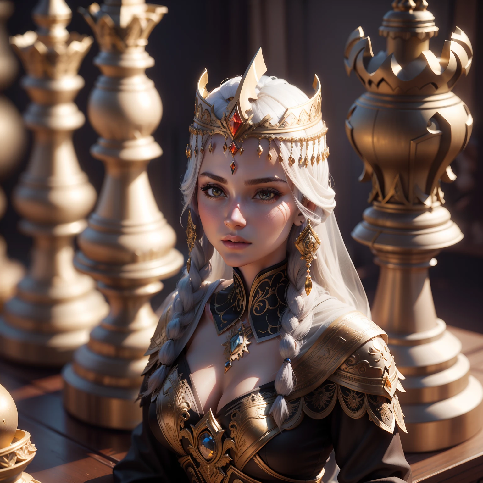 Stunning photo female chess pieces, 3d rendered, Octane Render, Intricately detailed, filigree decorative headdress, Cinematic, Trending on ArtStation