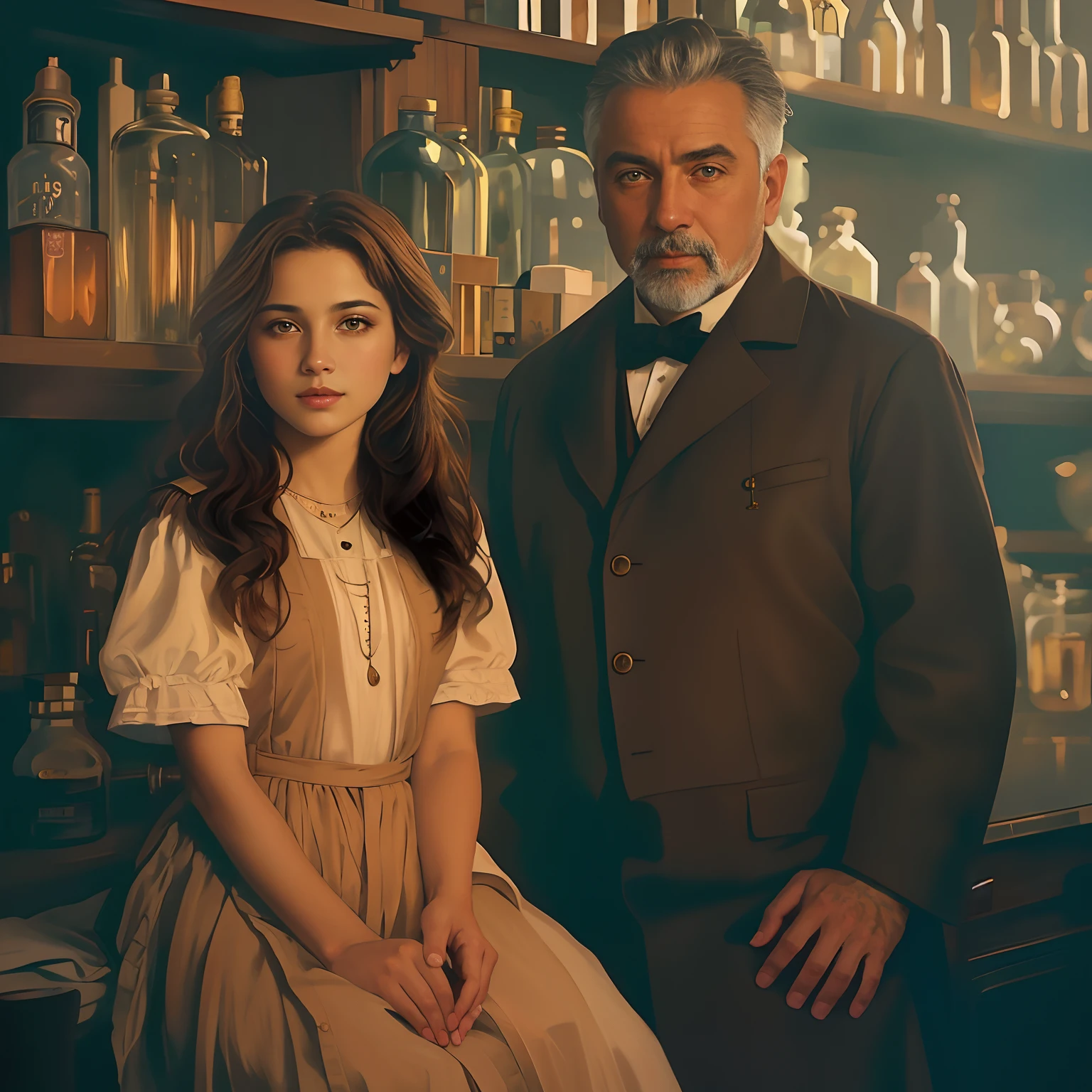 There's a man and a woman in front of a shelf of bottles, Directed by: Mark Arian, still image from tv series, foto de retrato de pintura fosca, kramskoi 4 mil, Directed by: Aleksander Gierymski, Directed by: Artur Tarnowski, in a darkly lit laboratory room, in a steampunk laboratory, inspirado em Ivan Kramskoi