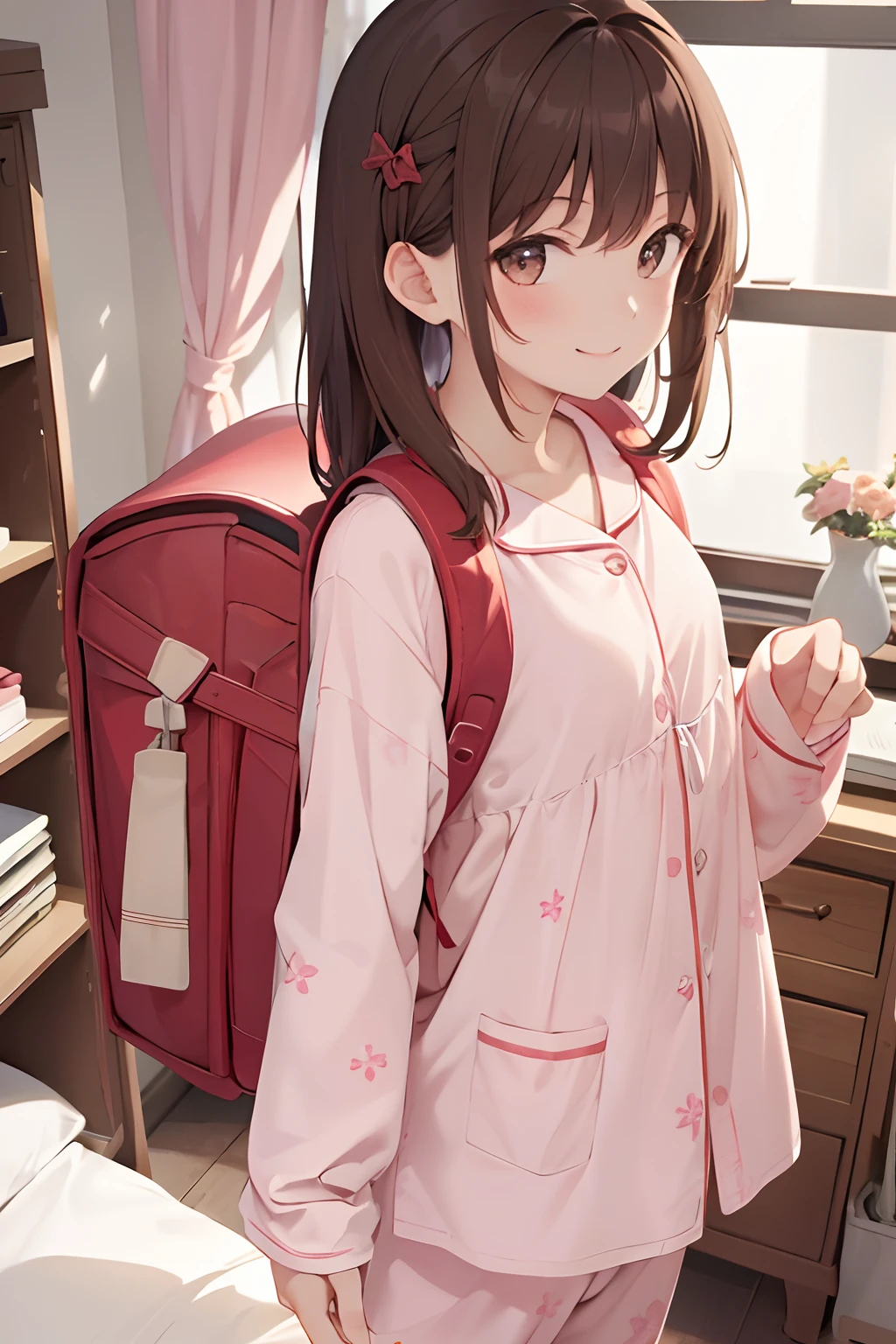 masterpiece, best quality, high resolution, extremely detailed, detailed background, cinematic lighting, 1girl, looking at viewer1  girl, brown hair, brown eyes, smile, wear pajamas,pajamas trouser, bedroom, indoor, standing,wearing randoseru backpack, (randoseru backpack:1.0)