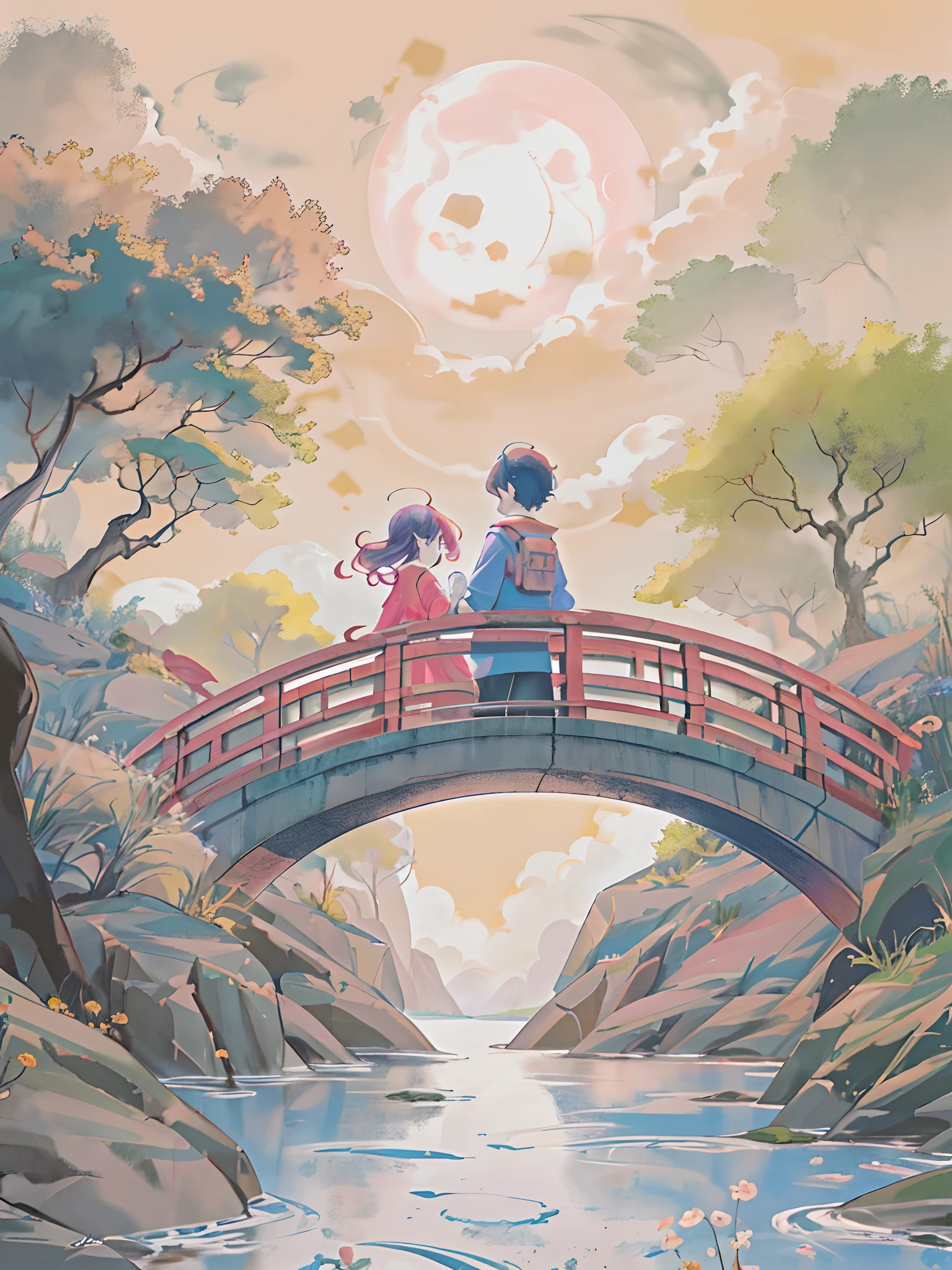 A boy and a girl meet on a bridge，Tanabata poster design pattern，Pink tones，Blue-purple，dreamy scenes，a warm color palette，Cloud arch bridge，the huge moon，fire works，Magpie triangle composition，detail-rich，down view，Long shots，Chinese traditional painting，Jade，mountain water，auspicious，Pale color background，Best quality，pastels，softlighting，4K，A plant