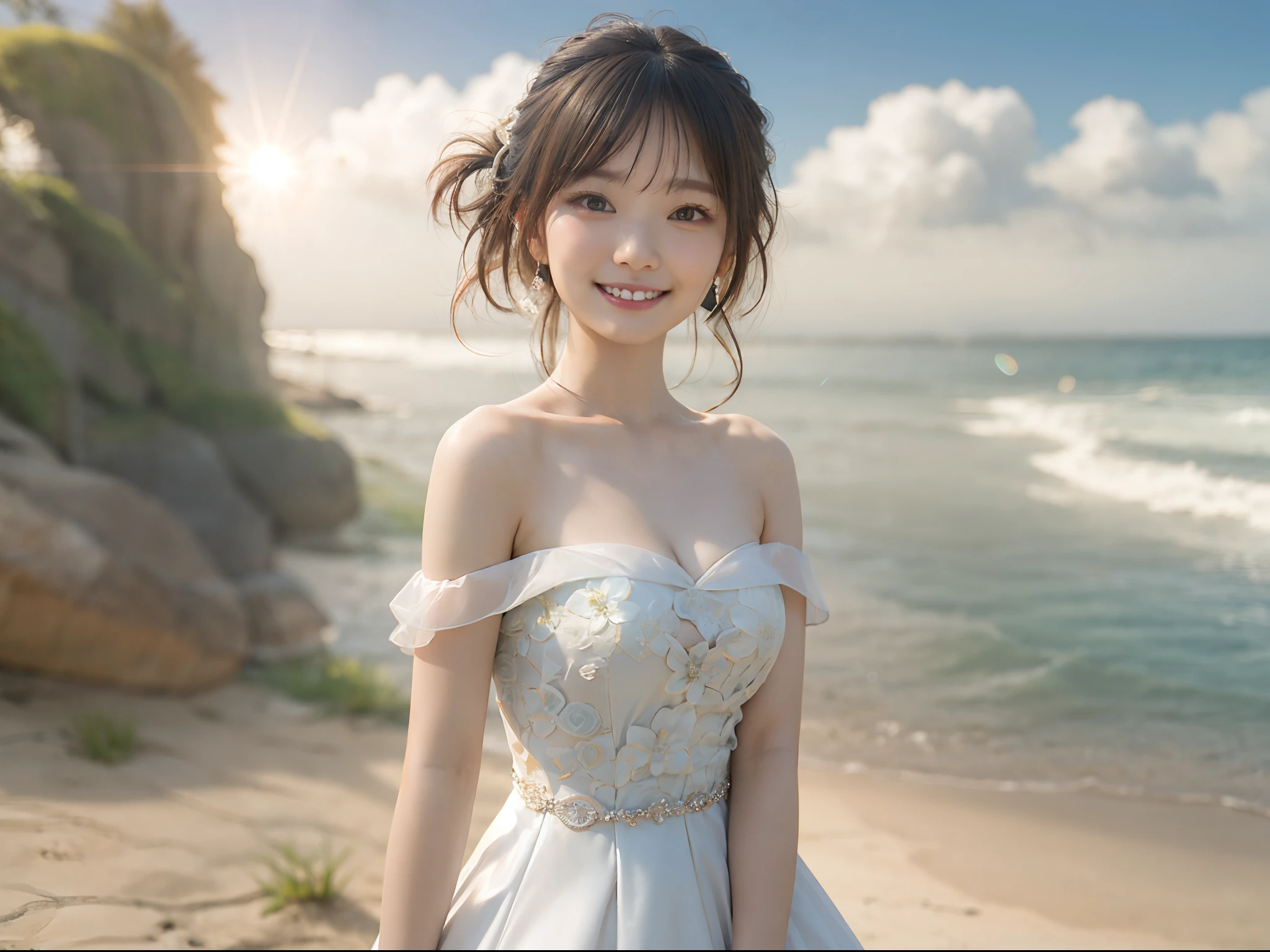 full body Esbian、((lensflare))、((Constricted waist circumference))、((Smiling)),((((27yo)))),(((Smaller bust))))、(((Colorful Wedding Dresses)))、(((Muscle feeling)))、(((photorealisim:6, realisitic)))、browny short hair、Wearing black-rimmed glasses、pale-skinned、looking at the viewers、the beach、coastline、the wind、vague、 8K UHD、Digital SLR、softlighting、hightquality、top-quality、超A high resolution、(Photorealsitic:1.4)、beautiful smiling face, Beautiful detailed sky, 电影灯光, depth of fields, Lens flare light、(A smile:1.15)、(Mouth closed)tiny chest、beautiful finely detailed eyes、Floating hair Nova frog style