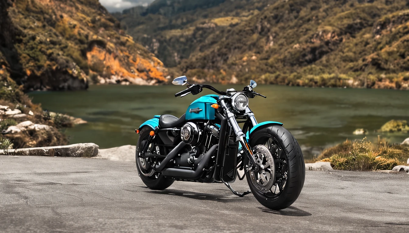 There is a motorcycle that is parked on the side of the street, Harley Davidson Motocicleta, Harley Davidson, motocicleta, Motocicletas, futuro!!, Octanagem para-lama, thunders, Roadster, corpulento, realista!!!, thunders, Corpo largo, Dynamic!!, 🚿🗝📝, escorregadio!!, ..tar, estrada, Fundo, montanhas, in Switzerland, lindo, montanha!, montanhas, verde, e cachoeira, brilhante azul, paisagem grande, Fundo, realista!!, Dynamic! -como, 🔥 😎 🕹️ 👀 :2, olhar