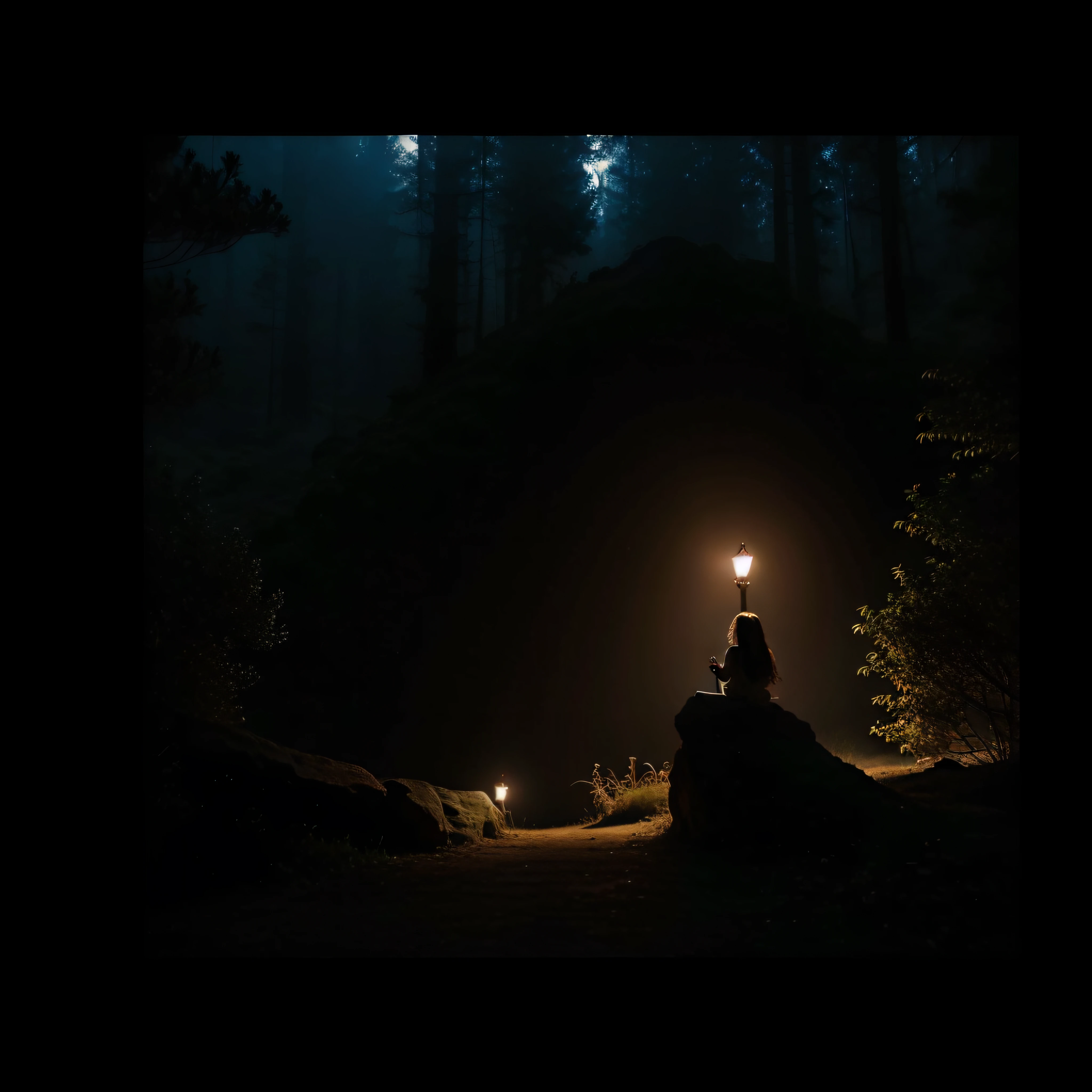 (extremadamente detallado, obra maestra, La mejor calidad, foto antigua, principios de siglo) dark ???, una linterna directa lo ilumina, bosque de noche. plano cercano. sangre por el suelo.