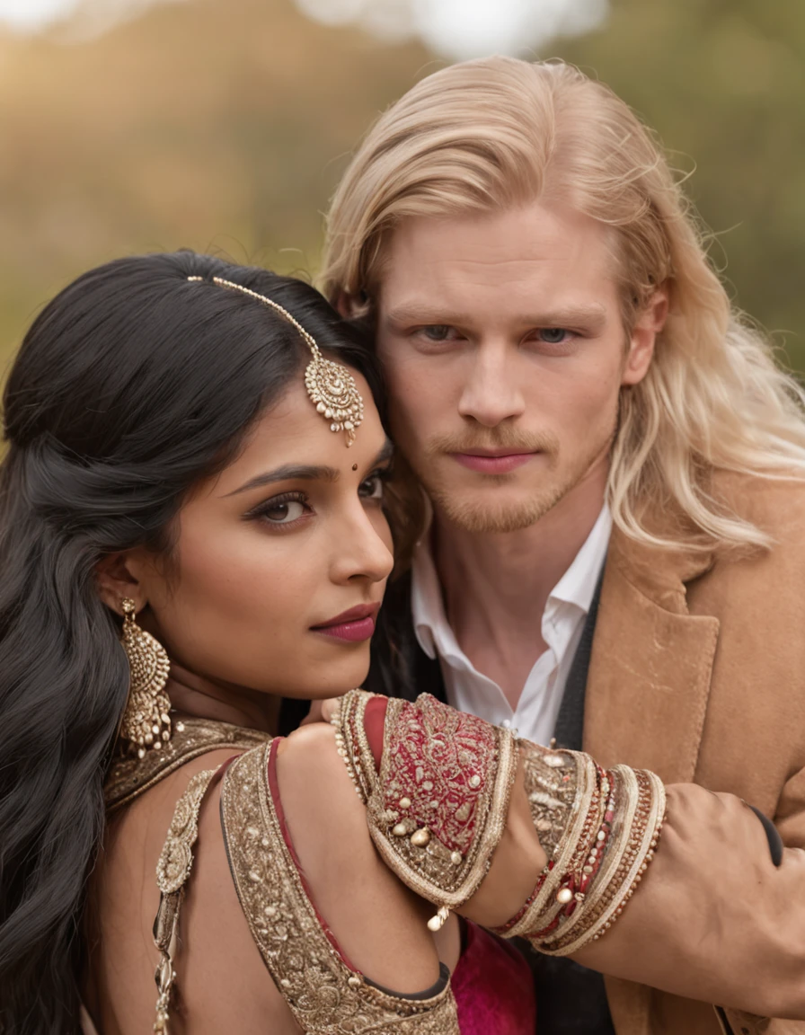 Black long-haired Indian woman and blonde white man hugging and kissing,The background is colored wind and colorful woods,upperbody closeup,The color of the wind,Disney live-action films