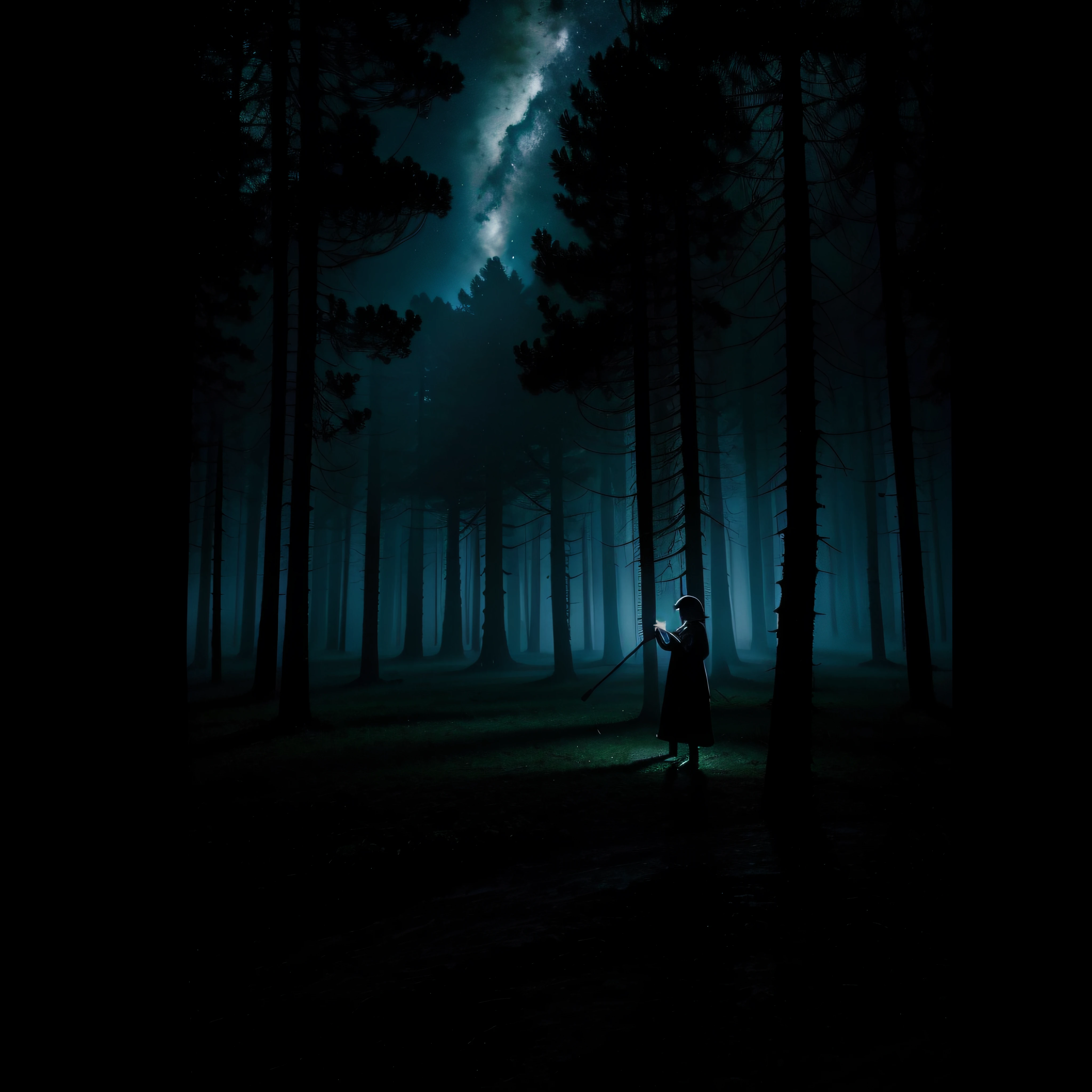 (extremadamente detallado, obra maestra, La mejor calidad, foto antigua, principios de siglo) dark ???, una linterna directa lo ilumina, bosque de noche. plano cercano. sangre por el suelo.