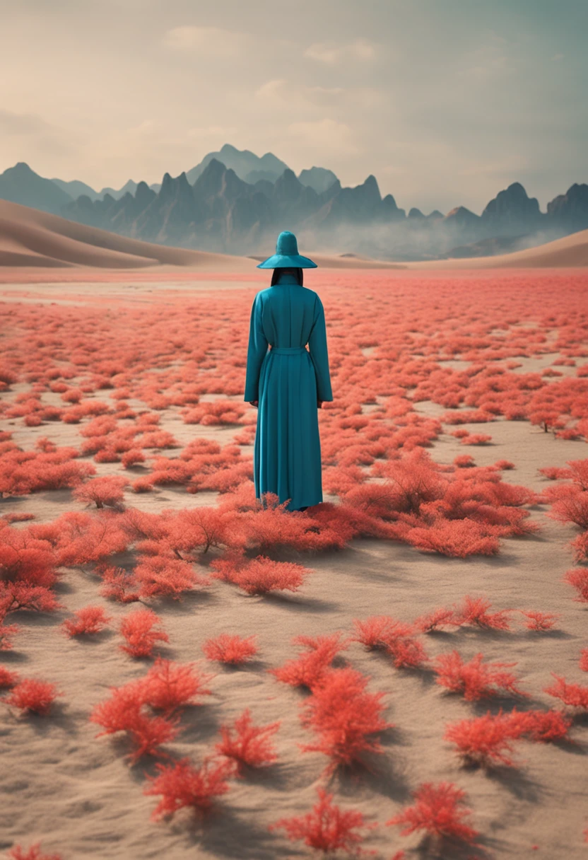 in a Vast Tranquil Landscape, by Scarlett Hooft Graafland, in a Tranquil Landscape, Sergei Zabelin, by Fei Danxu, photo shoot, hyper realisitc, autumnal, chinese surrealism, Hyper-realistic、Ink painting style incorporating Chinese aesthetics。