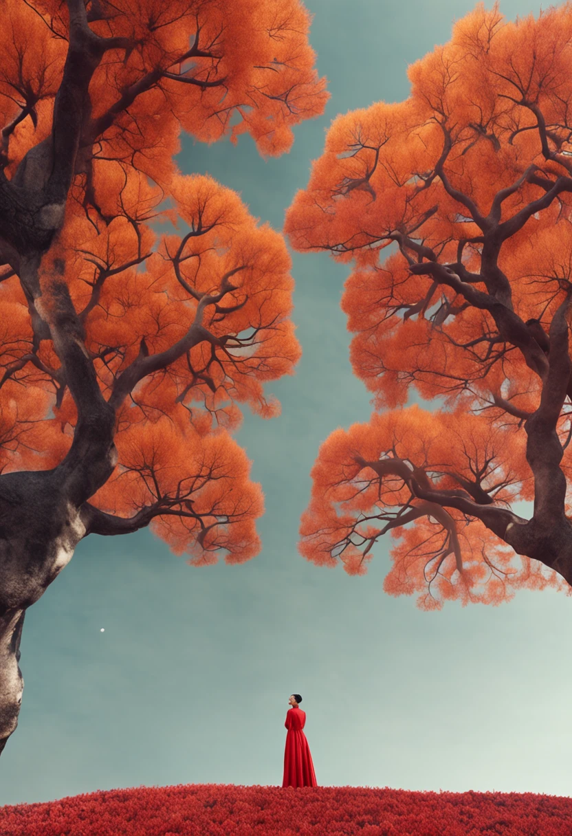 in a Vast Tranquil Landscape, by Scarlett Hooft Graafland, in a Tranquil Landscape, Sergei Zabelin, by Fei Danxu, photo shoot, hyper realisitc, autumnal, chinese surrealism, Hyper-realistic、Ink painting style incorporating Chinese aesthetics。