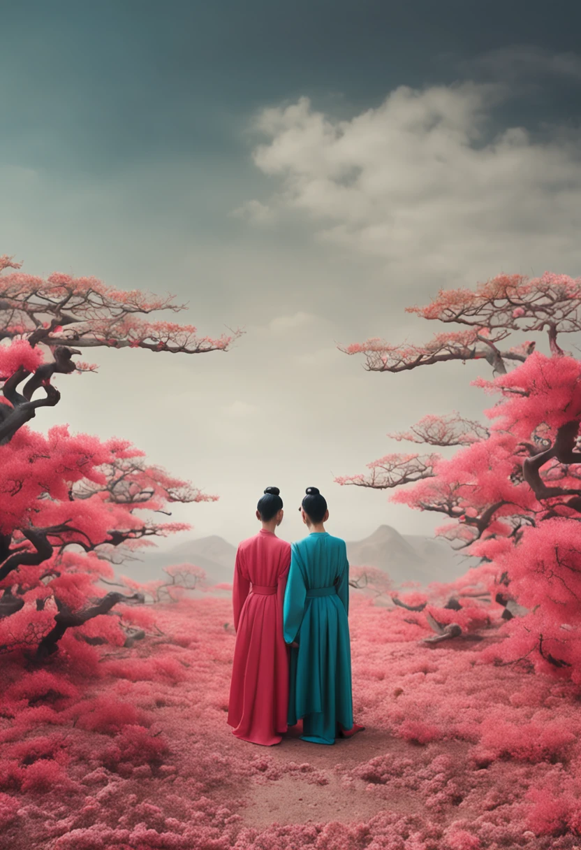 in a Vast Tranquil Landscape, by Scarlett Hooft Graafland, in a Tranquil Landscape, Sergei Zabelin, by Fei Danxu, photo shoot, hyper realisitc, autumnal, chinese surrealism, Hyper-realistic、Ink painting style incorporating Chinese aesthetics。