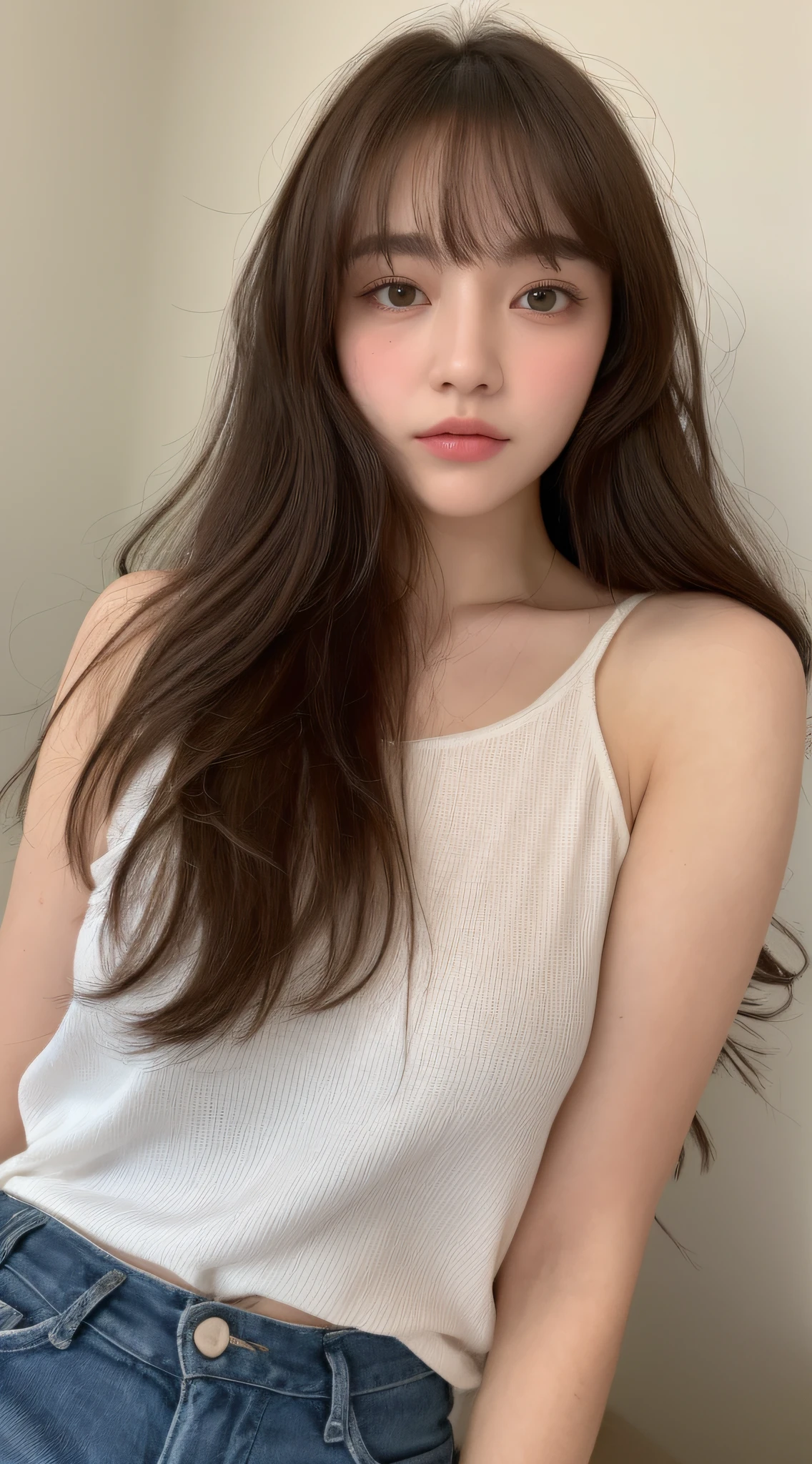 (Top quality, 8k, Masterpiece: 1.3), she is a lovely lady with a perfect figure: 1.4, dark brown hair, torn shorts, sleeping in bedroom, very detailed face and skin, fine eyes, double eyelids, puffy eyes, detailed eyes, bangs, long hair,