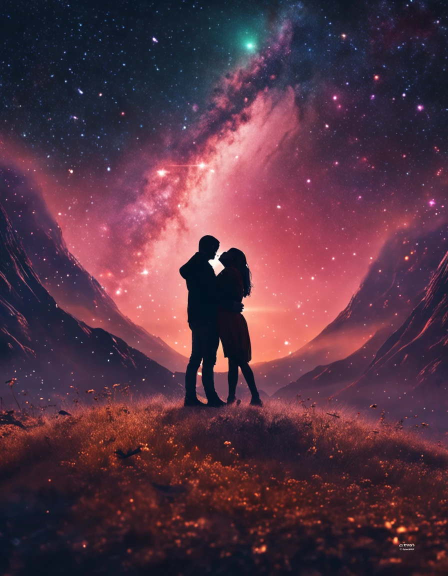 space, milky way, galaxy, stars, happy couple, holding hands, kissing,fantasy art