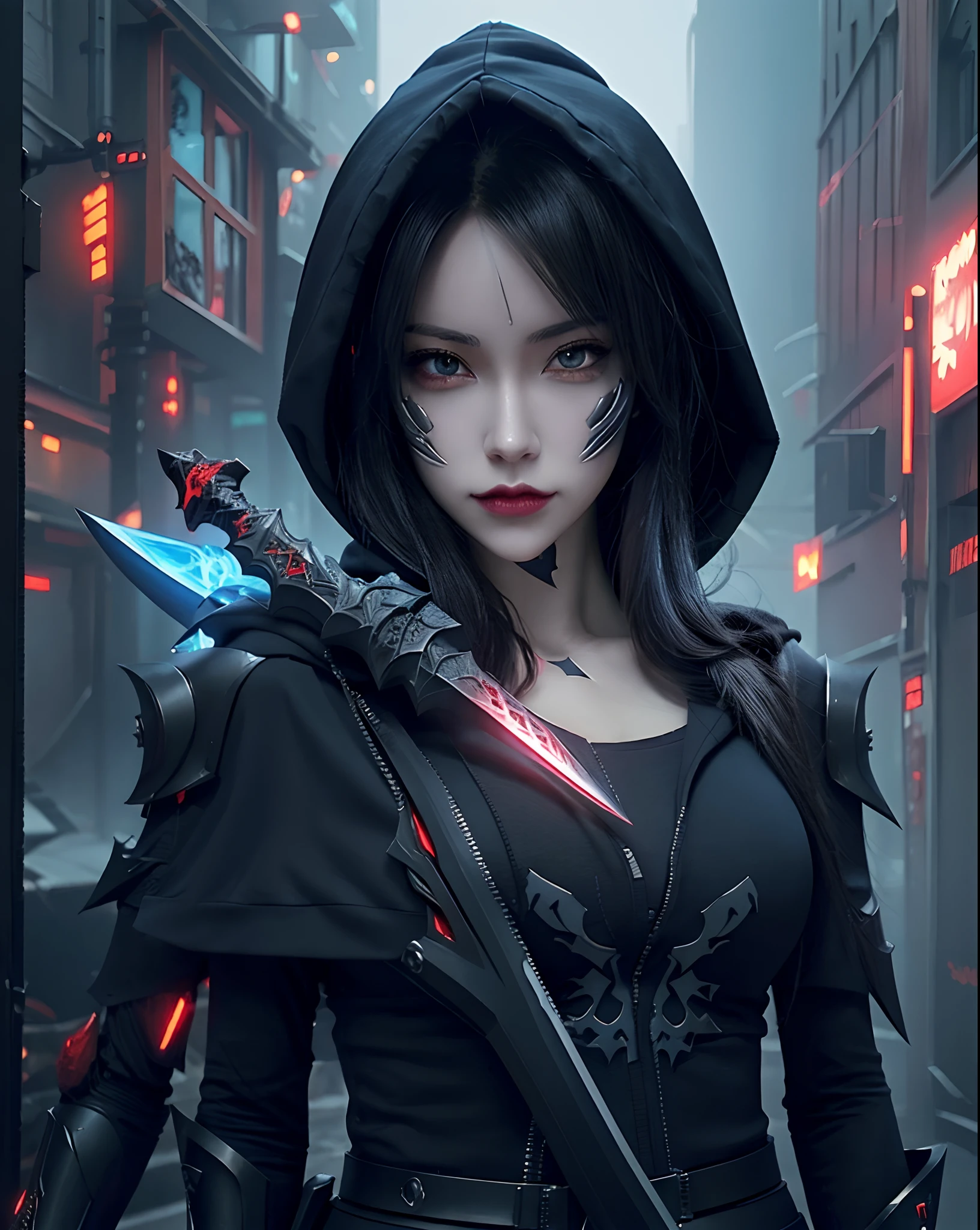 An ancient Chinese girl, hooded head, full body, amazing facial features, blood stains, mechanical eyes, cyberpunk, holographic aura, surreal sci-fi art, futuristic sci-fi aesthetics, hanfu (tattered), mecha, complex design, game model, movie edge light, delicate light, masterpiece, ultra-detailed, epic composition, super high-definition, high quality, highest quality, 32k --niji 5