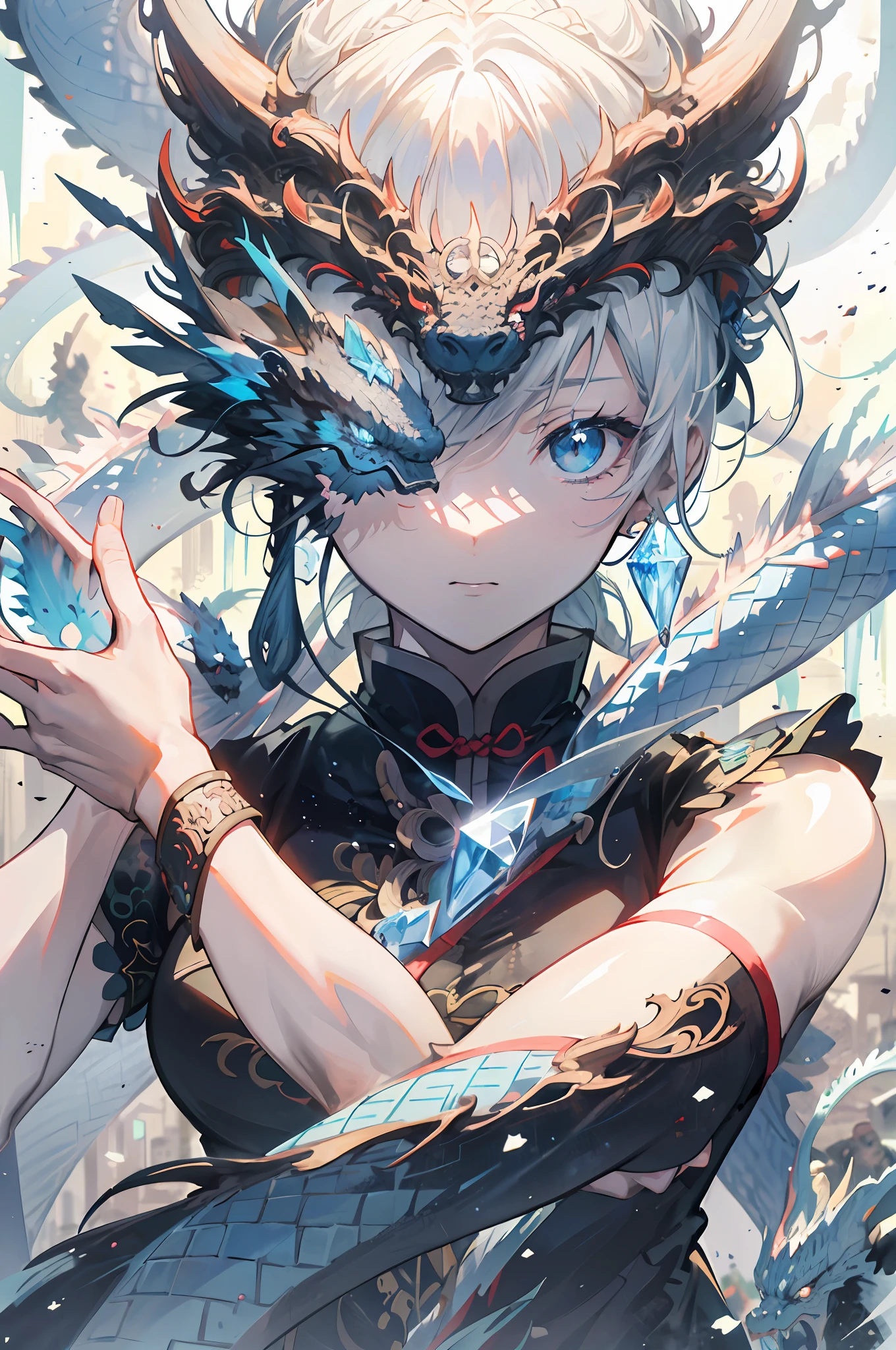 full bodyesbian,Faraway view，shushing，one-girl,Blue crystal,A blue Chinese dragon was behind her,Cinematic lighting,fanciful,hyper realistic anime,Quilted paper art,Glass art,(Best quality,Extreme detail:1.5),8K，Frozen